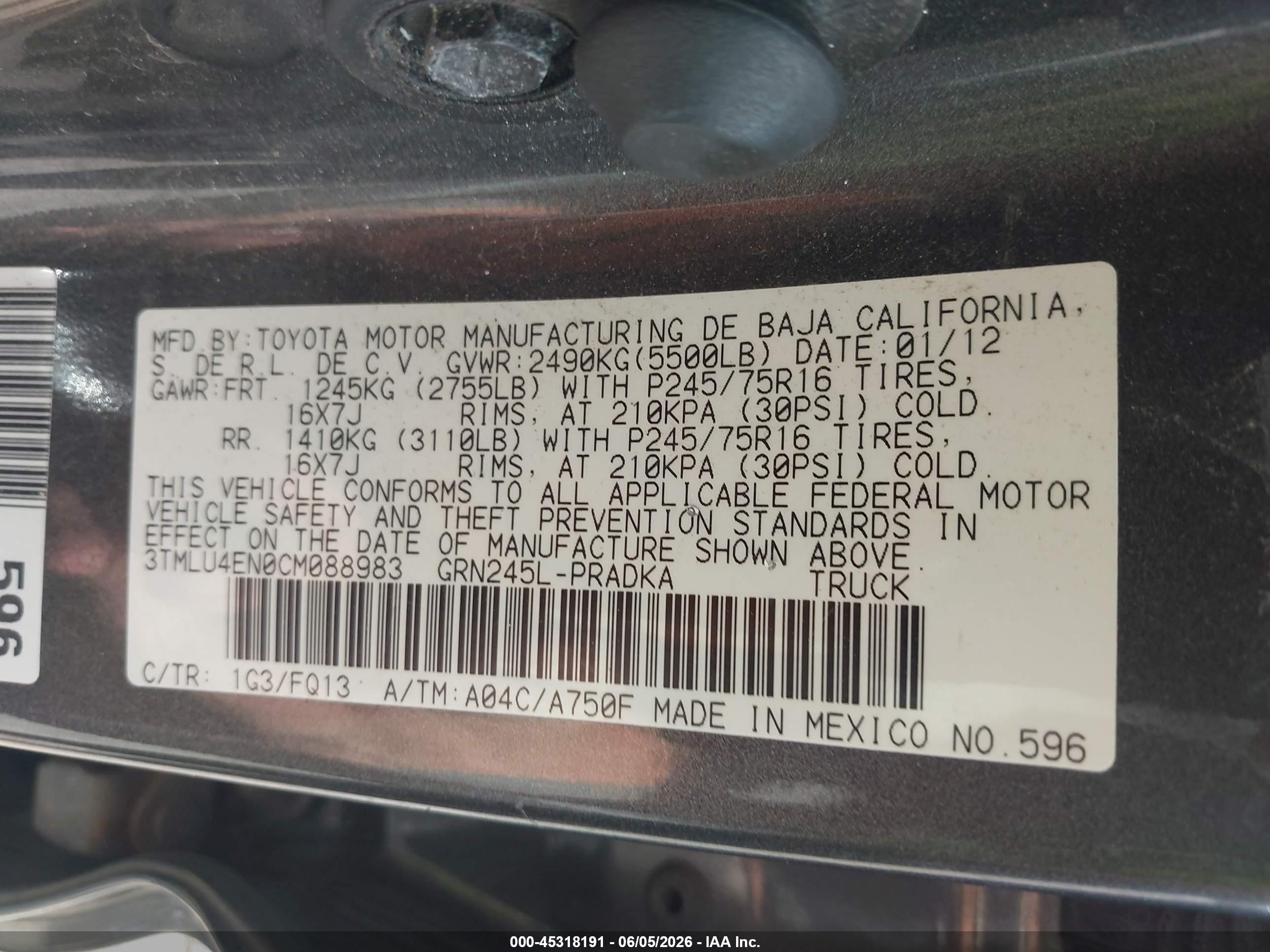 2012 Toyota Tacoma Base V6 Gray vin: 3TMLU4EN0CM088983