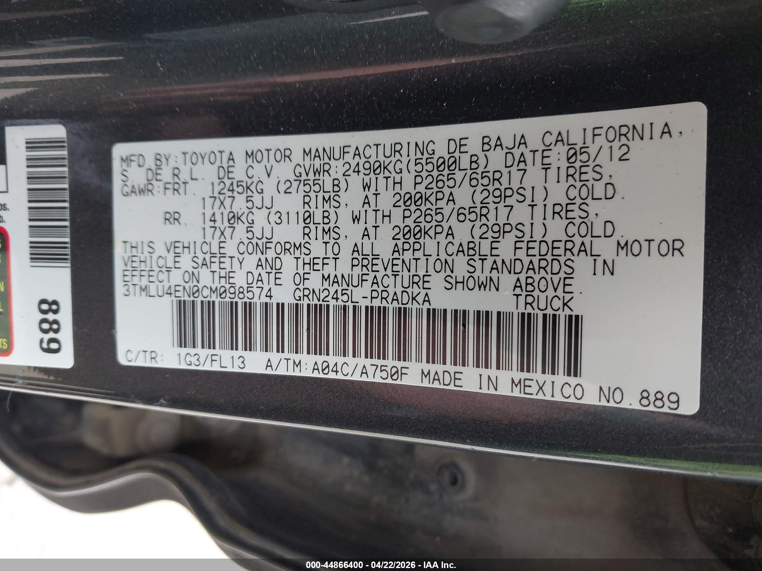 2012 Toyota Tacoma Base V6 Black vin: 3TMLU4EN0CM098574