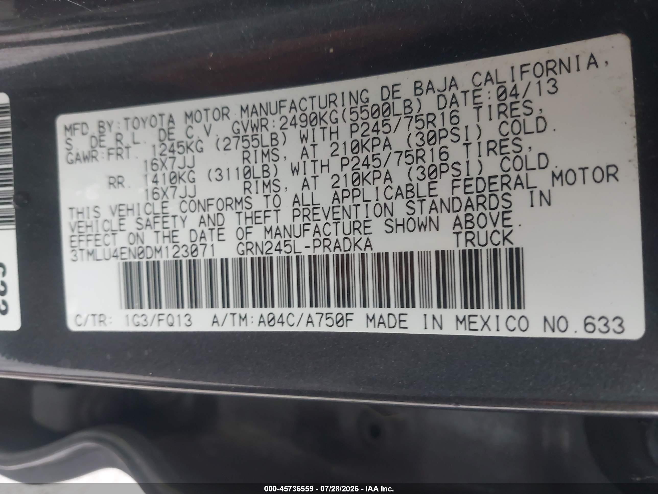 2013 Toyota Tacoma Base V6 Gray vin: 3TMLU4EN0DM123071