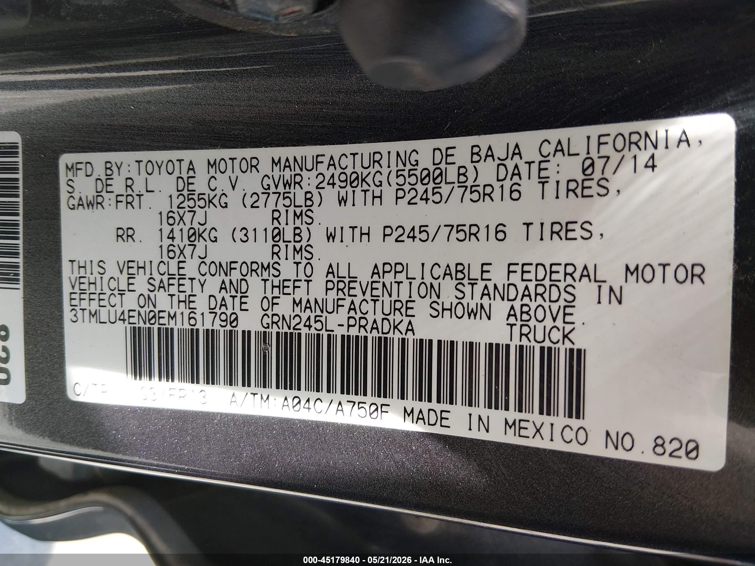 2014 Toyota Tacoma Base V6 Gray vin: 3TMLU4EN0EM161790