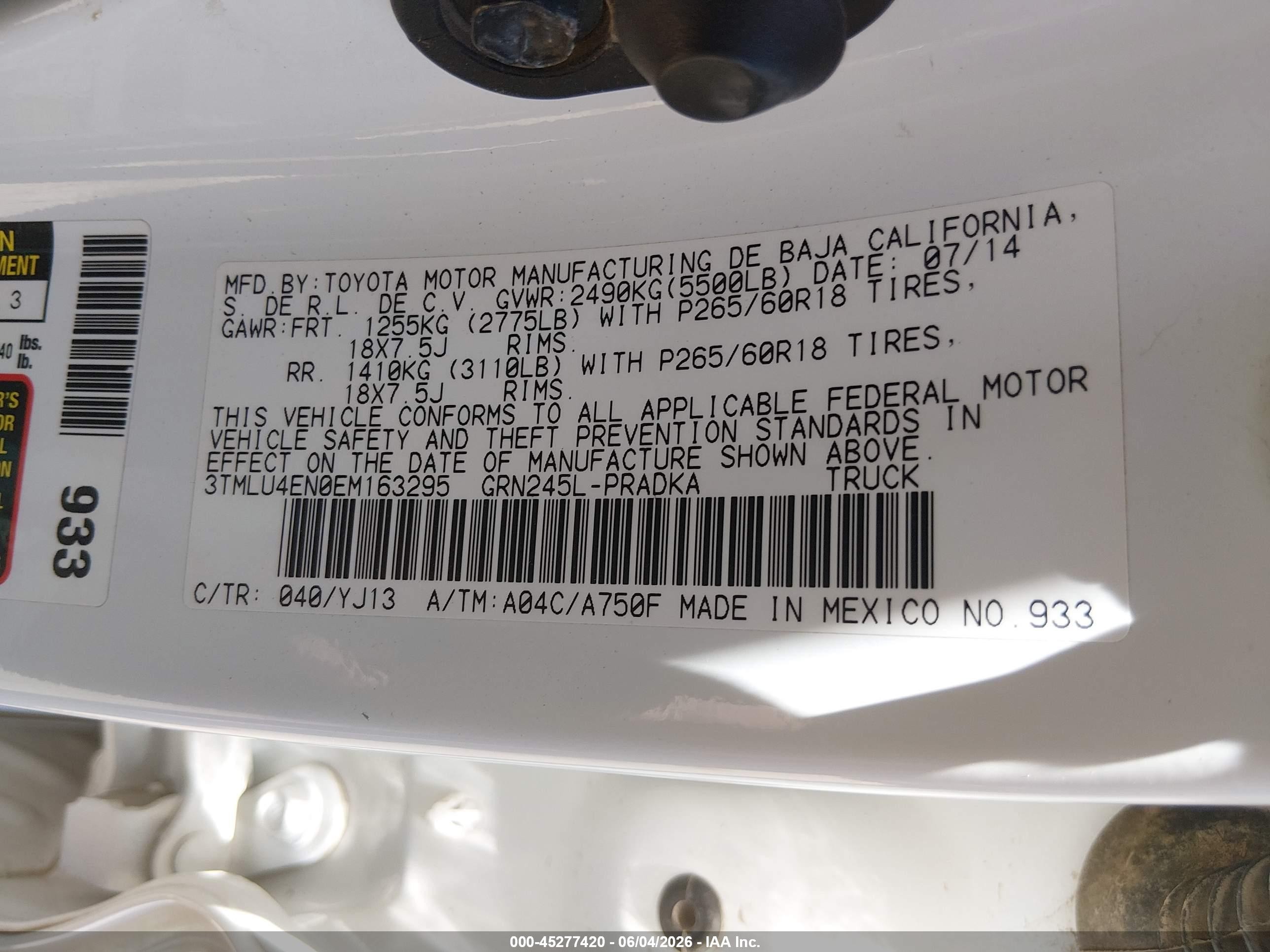 2014 Toyota Tacoma Base V6 White vin: 3TMLU4EN0EM163295