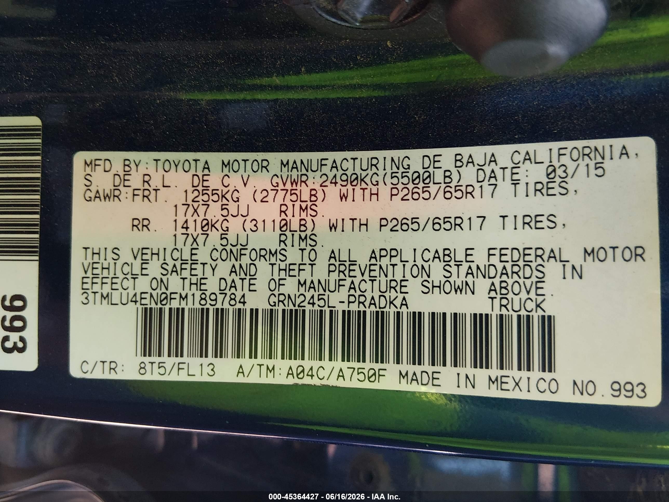 2015 Toyota Tacoma Base V6 Blue vin: 3TMLU4EN0FM189784