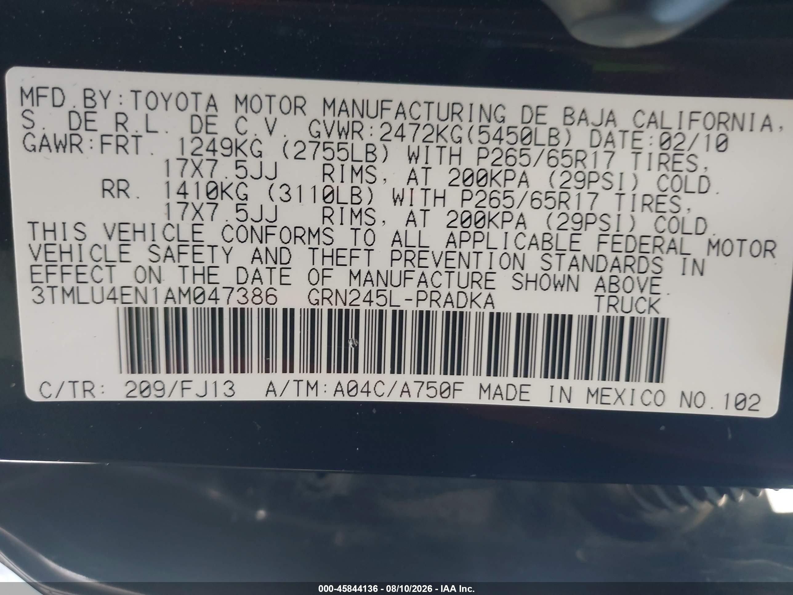 2010 Toyota Tacoma Base V6 Black vin: 3TMLU4EN1AM047386