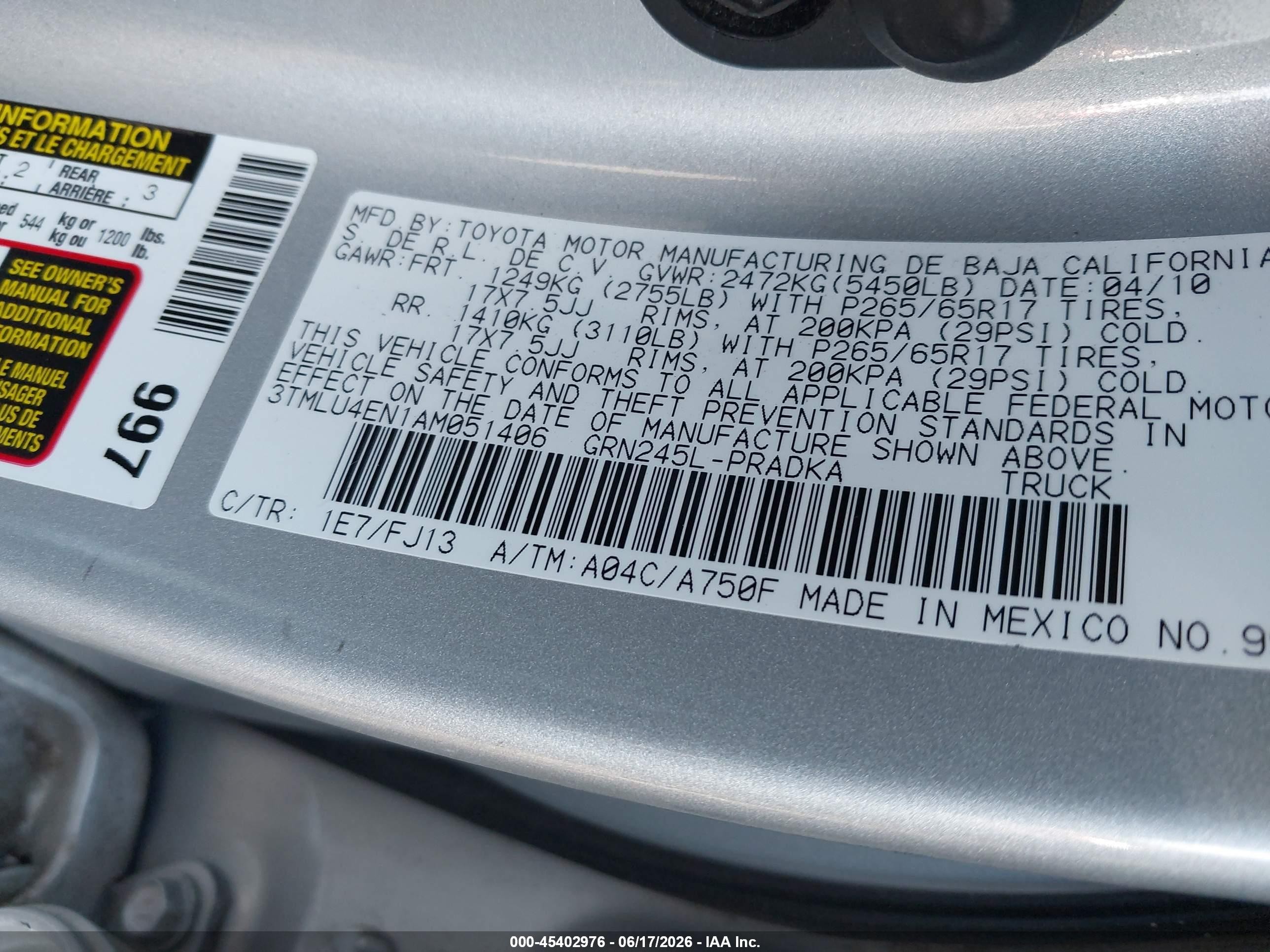 2010 Toyota Tacoma Base V6 Silver vin: 3TMLU4EN1AM051406