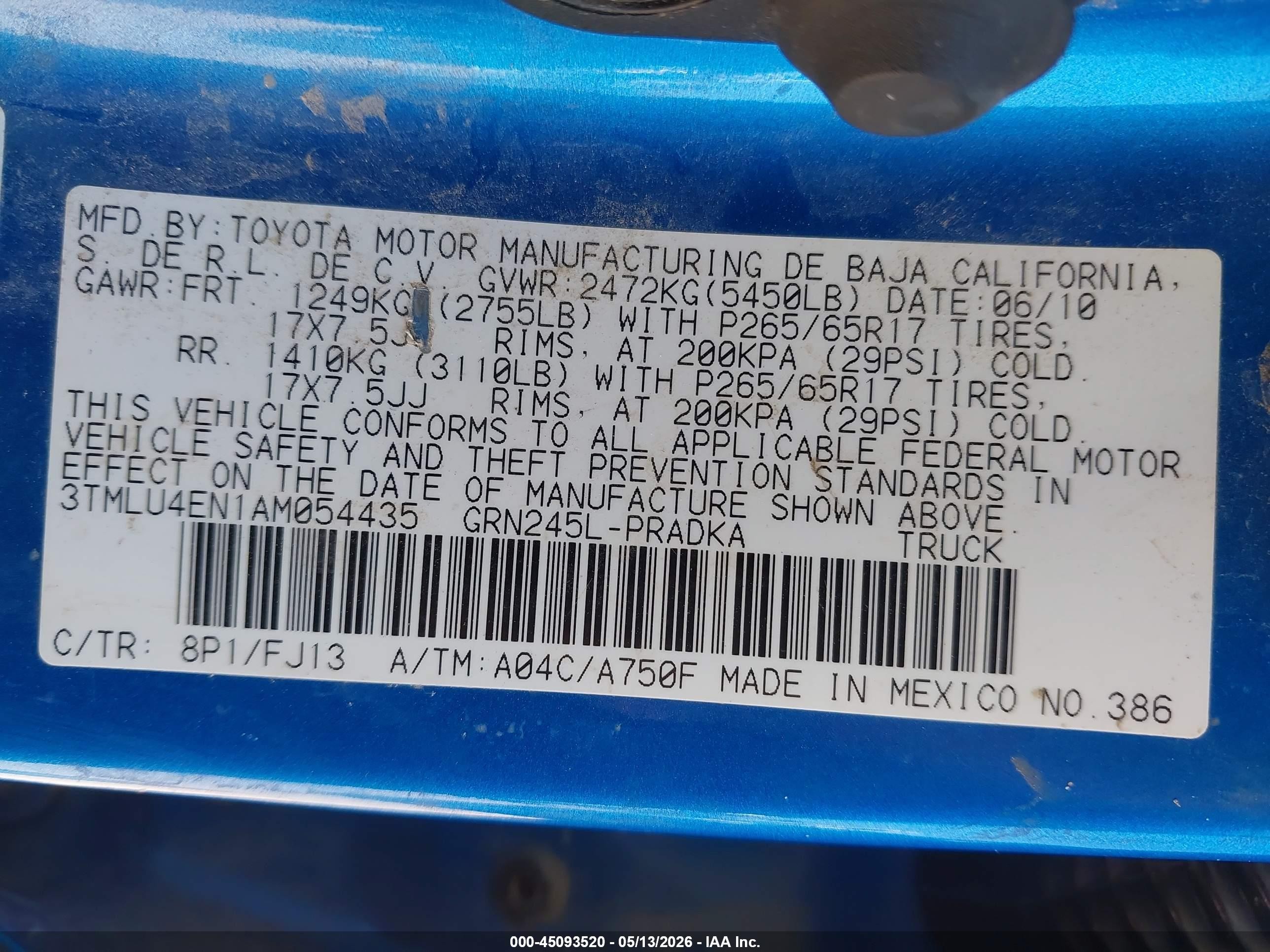 2010 Toyota Tacoma Base V6 Blue vin: 3TMLU4EN1AM054435