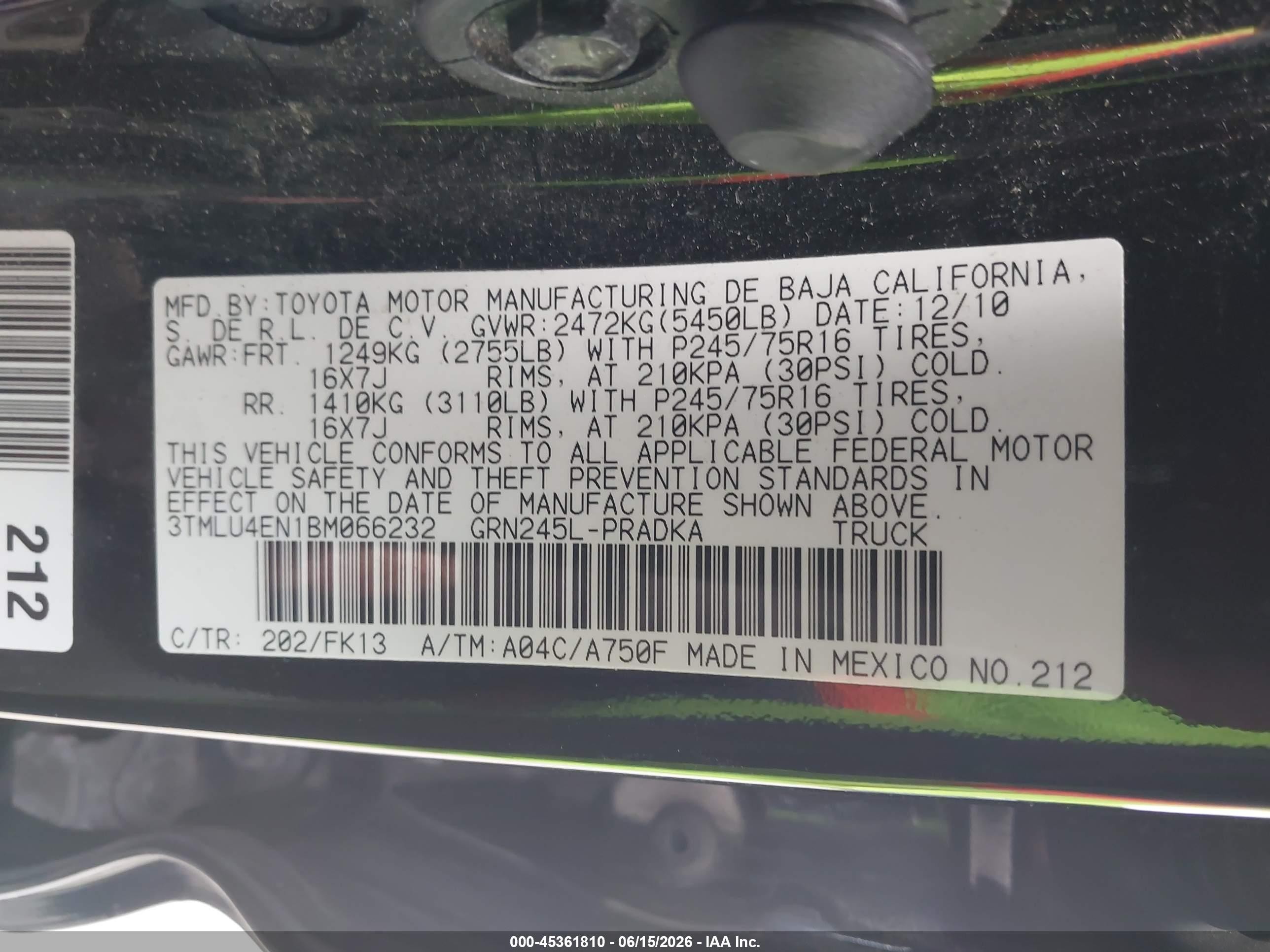 2011 Toyota Tacoma Base V6 Black vin: 3TMLU4EN1BM066232