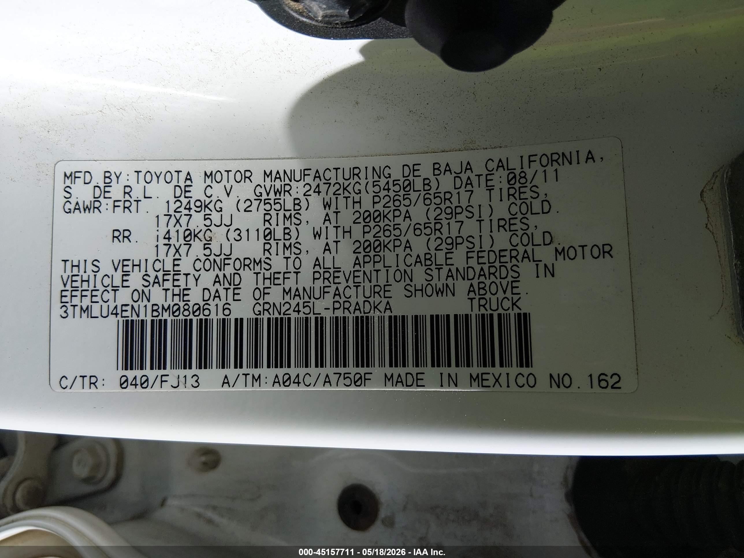 2011 Toyota Tacoma Base V6 White vin: 3TMLU4EN1BM080616
