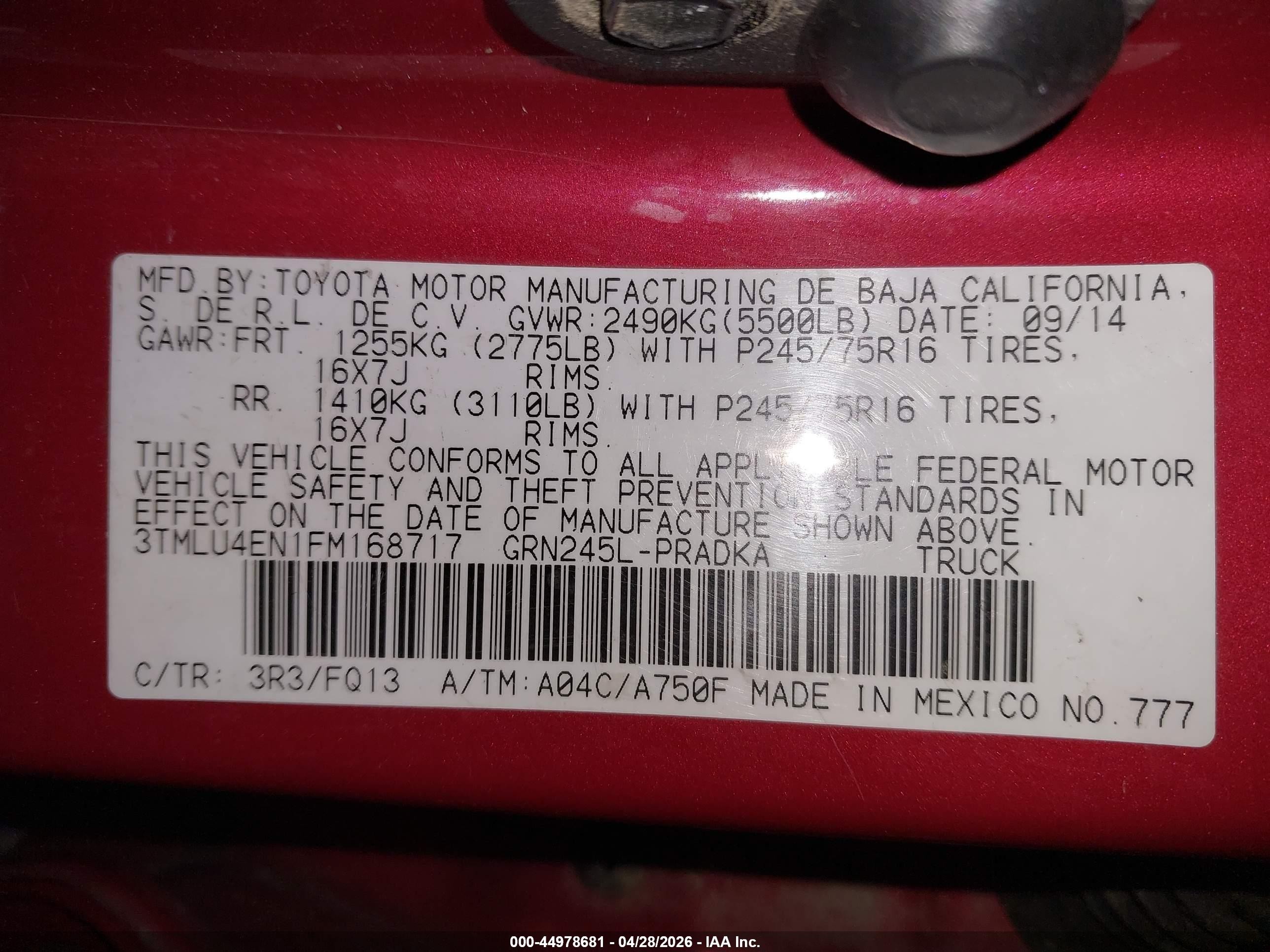2015 Toyota Tacoma Base V6 Red vin: 3TMLU4EN1FM168717