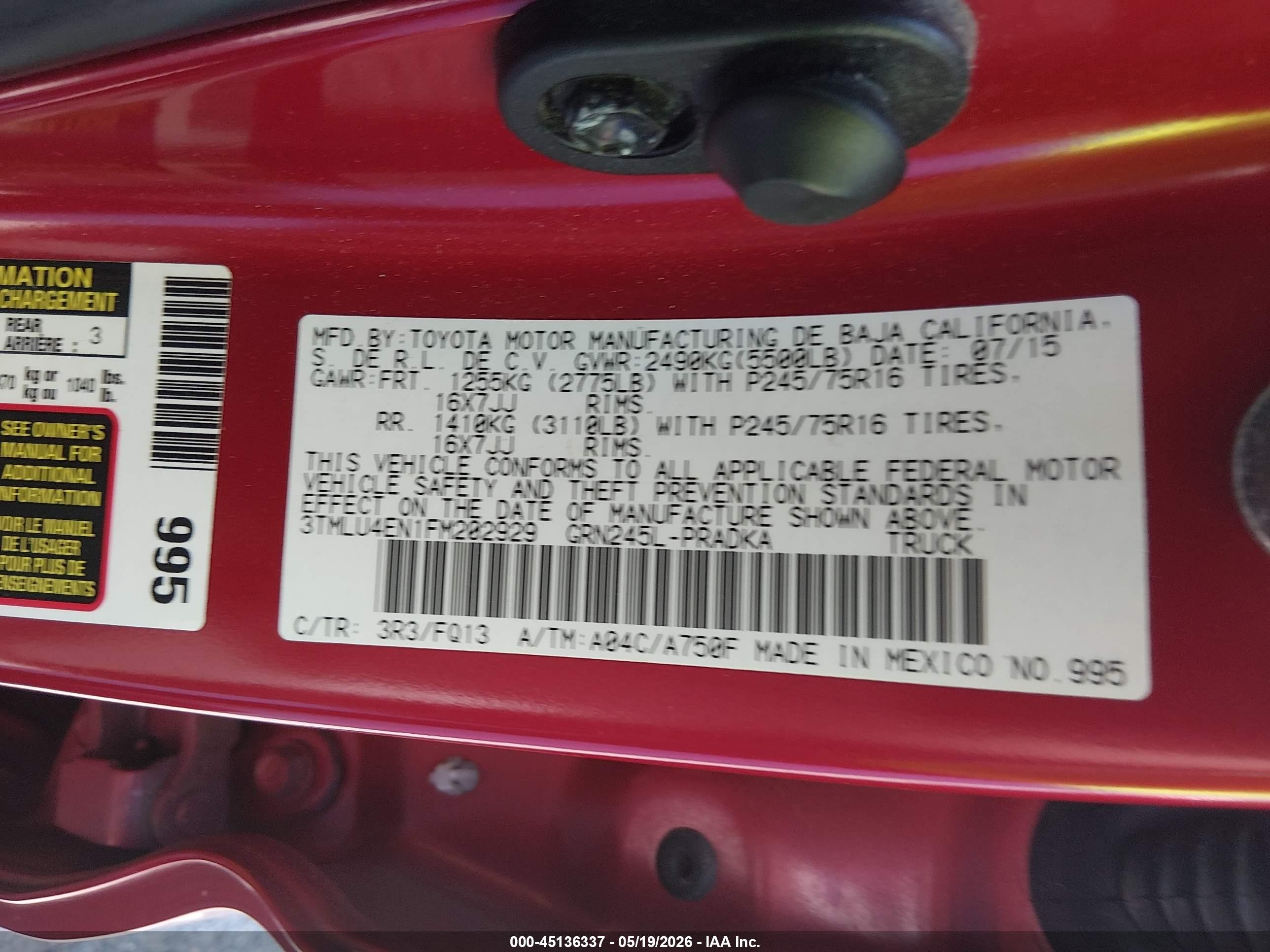2015 Toyota Tacoma Base V6 Red vin: 3TMLU4EN1FM202929