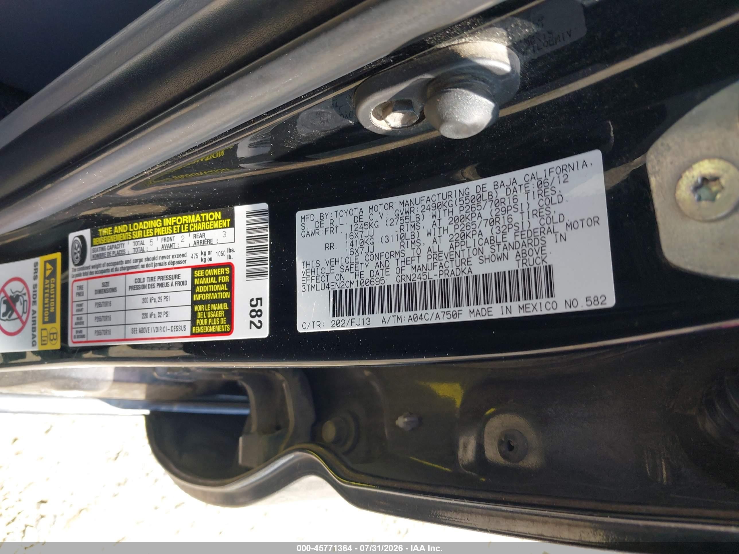 2012 Toyota Tacoma Base V6 Black vin: 3TMLU4EN2CM100695