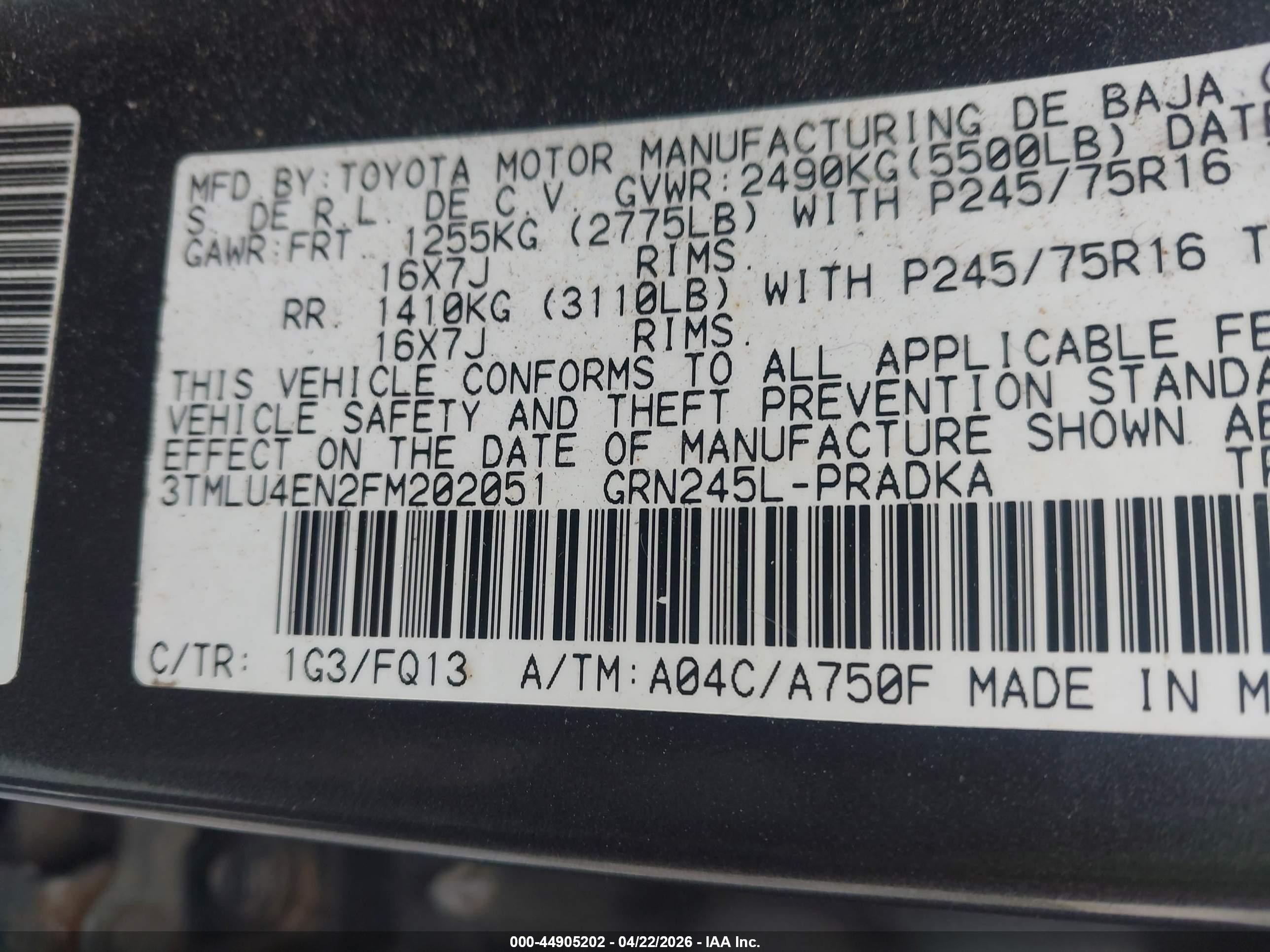 2015 Toyota Tacoma Base V6 Gray vin: 3TMLU4EN2FM202051