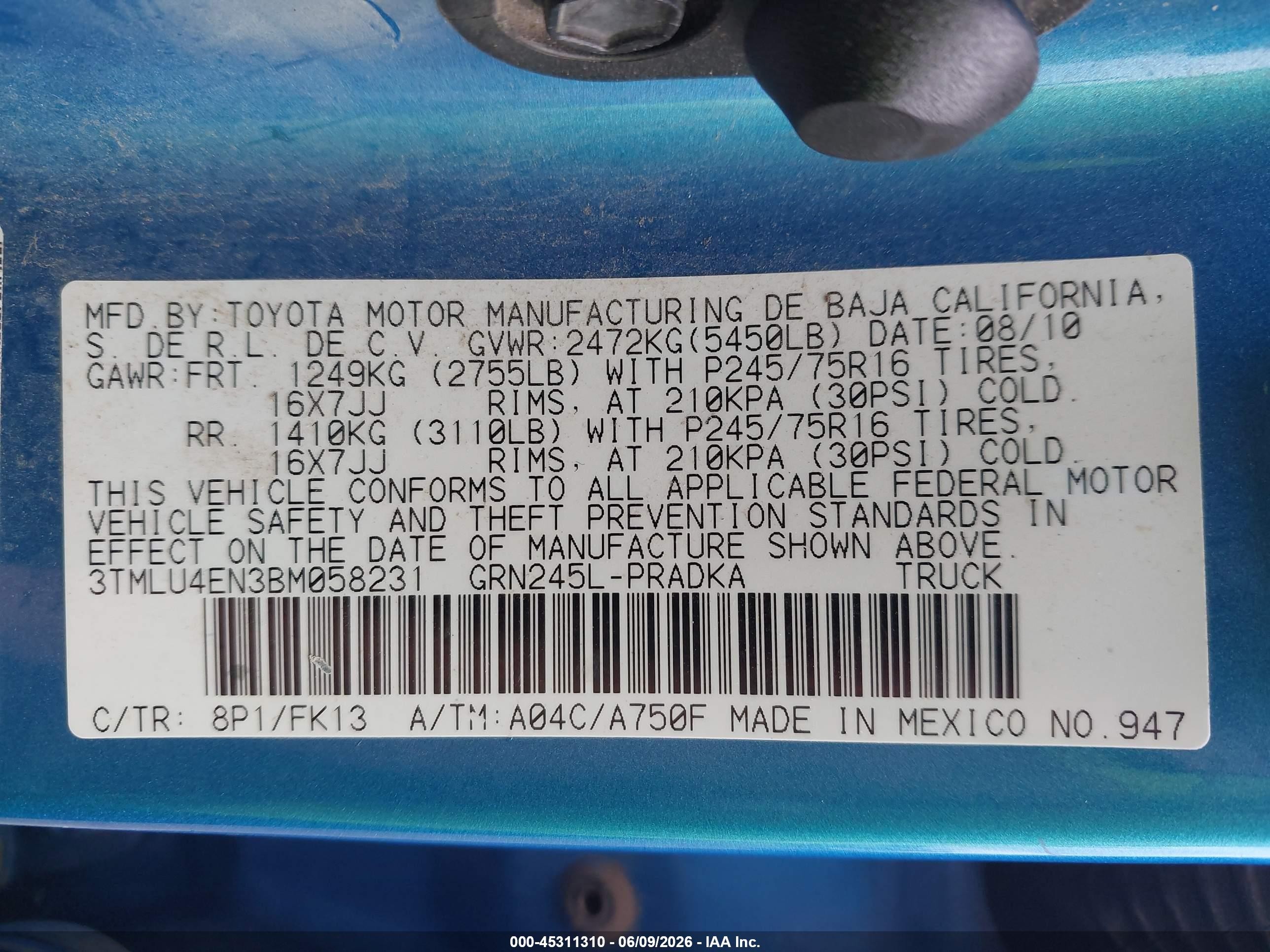 2011 Toyota Tacoma Base V6 Синий vin: 3TMLU4EN3BM058231