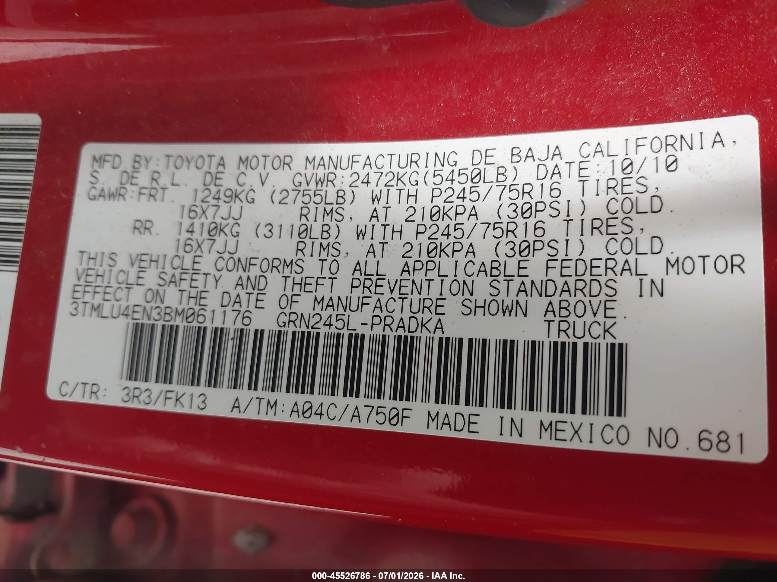 2011 Toyota Tacoma Base V6 Red vin: 3TMLU4EN3BM061176