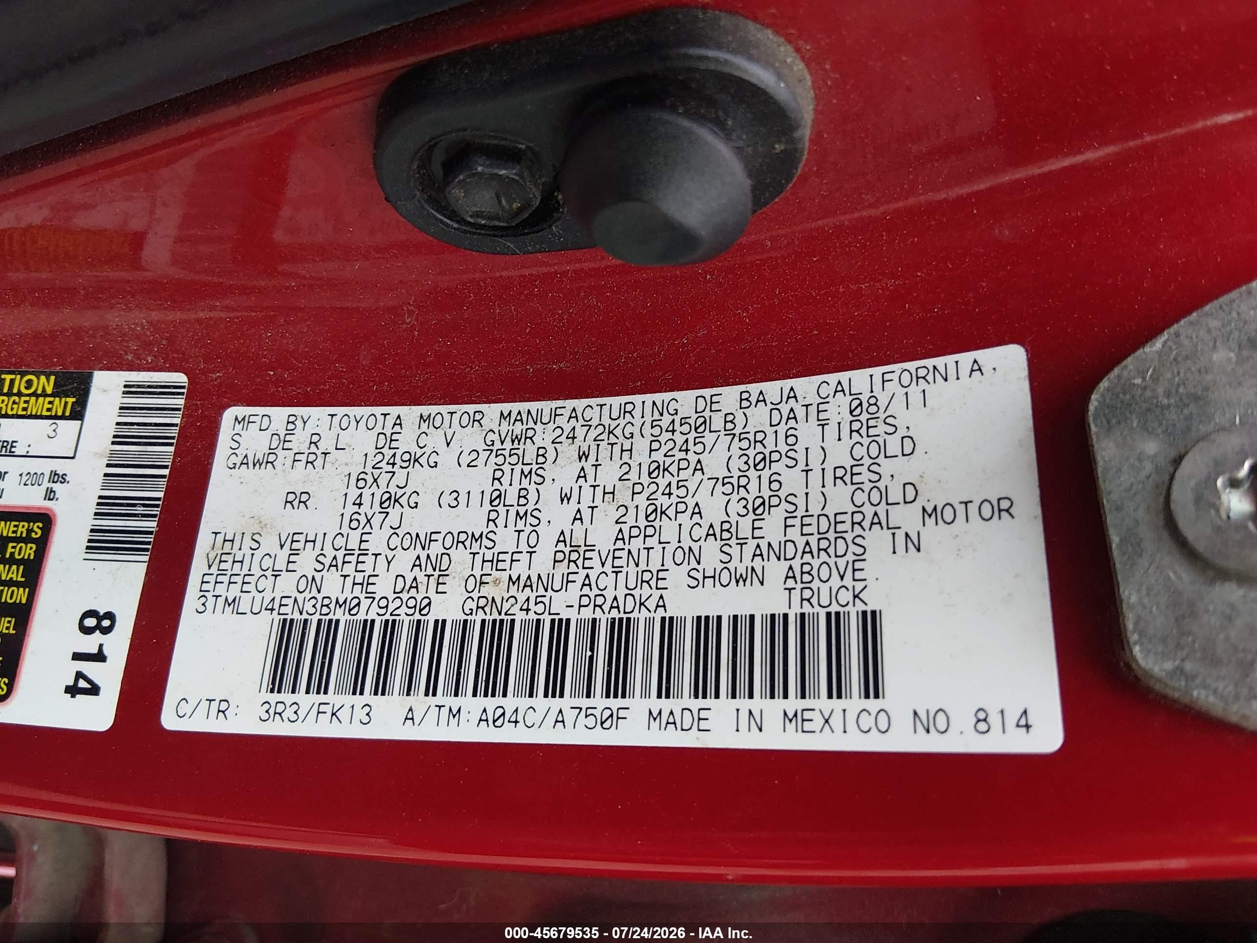 2011 Toyota Tacoma Base V6 Red vin: 3TMLU4EN3BM079290