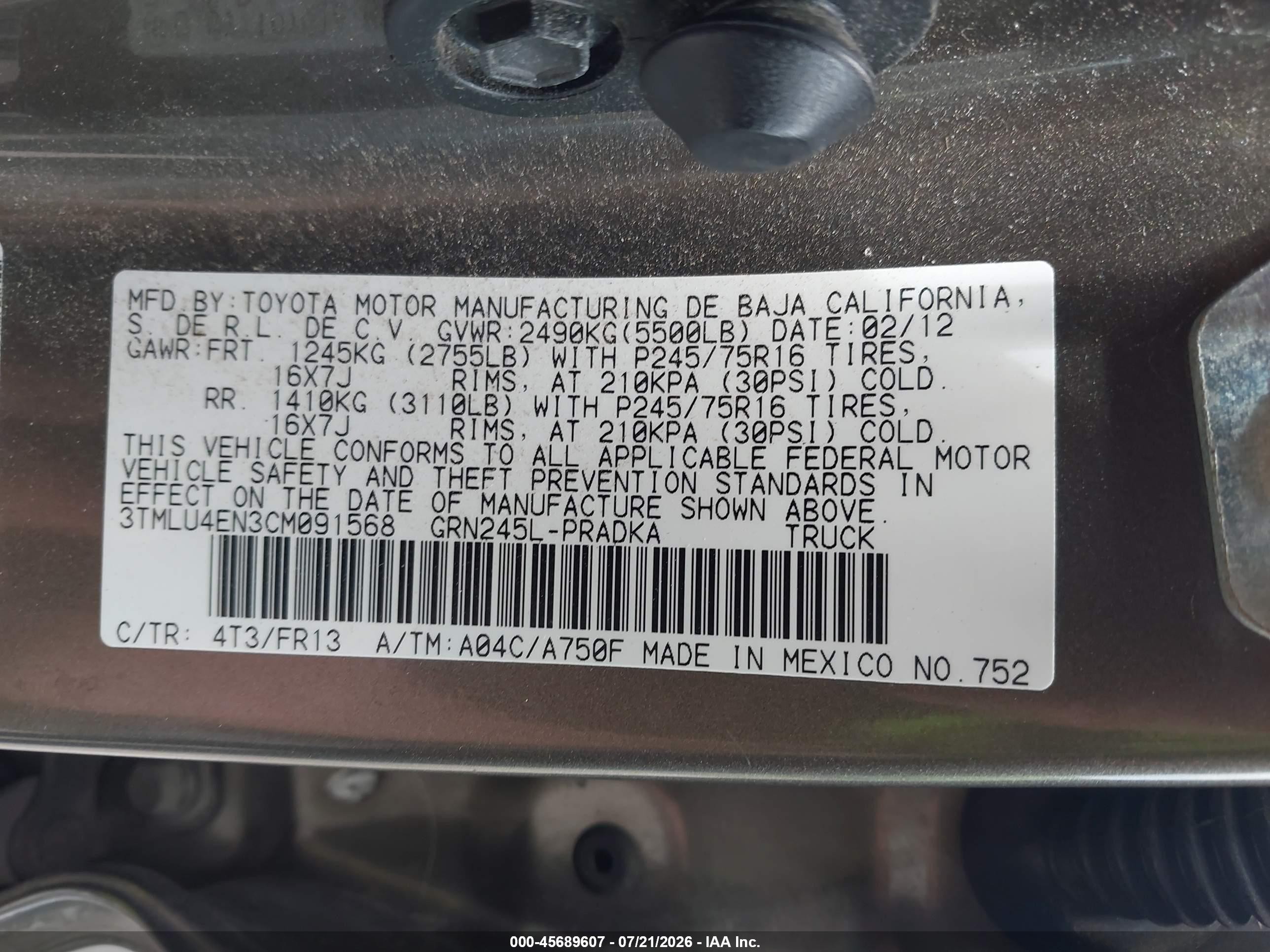 2012 Toyota Tacoma Base V6 Brown vin: 3TMLU4EN3CM091568