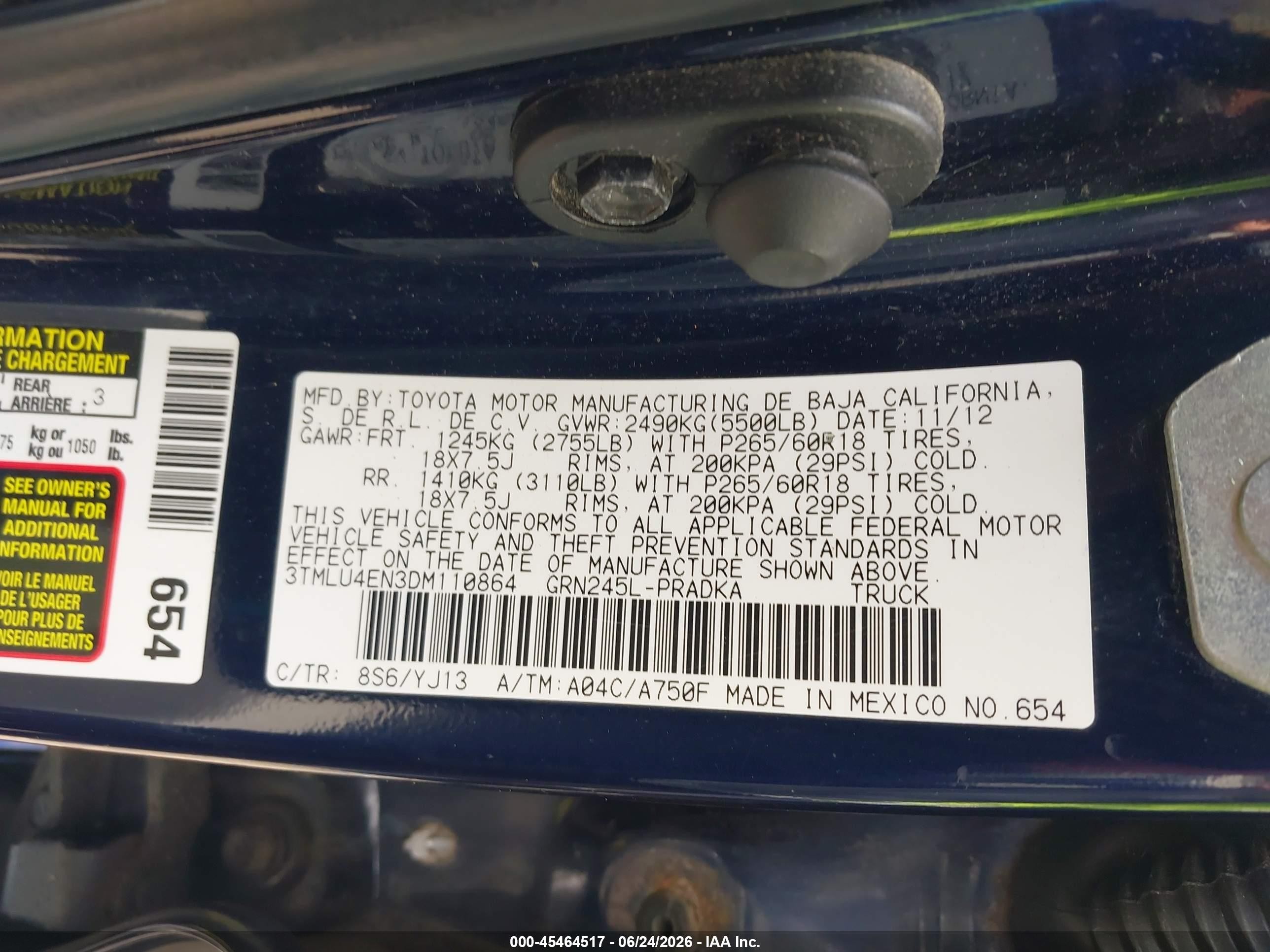 2013 Toyota Tacoma Base V6 Blue vin: 3TMLU4EN3DM110864