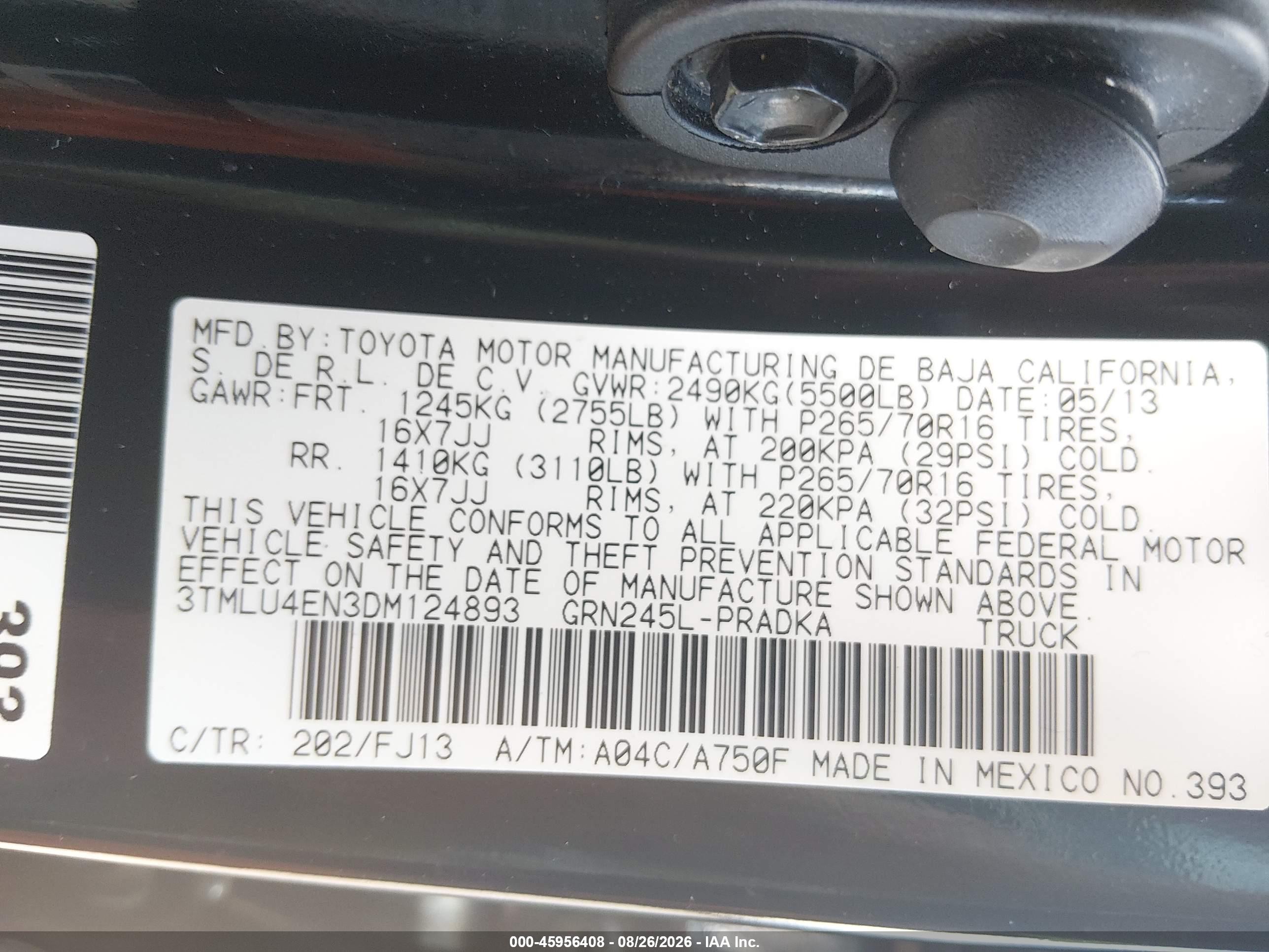 2013 Toyota Tacoma Base V6 Black vin: 3TMLU4EN3DM124893