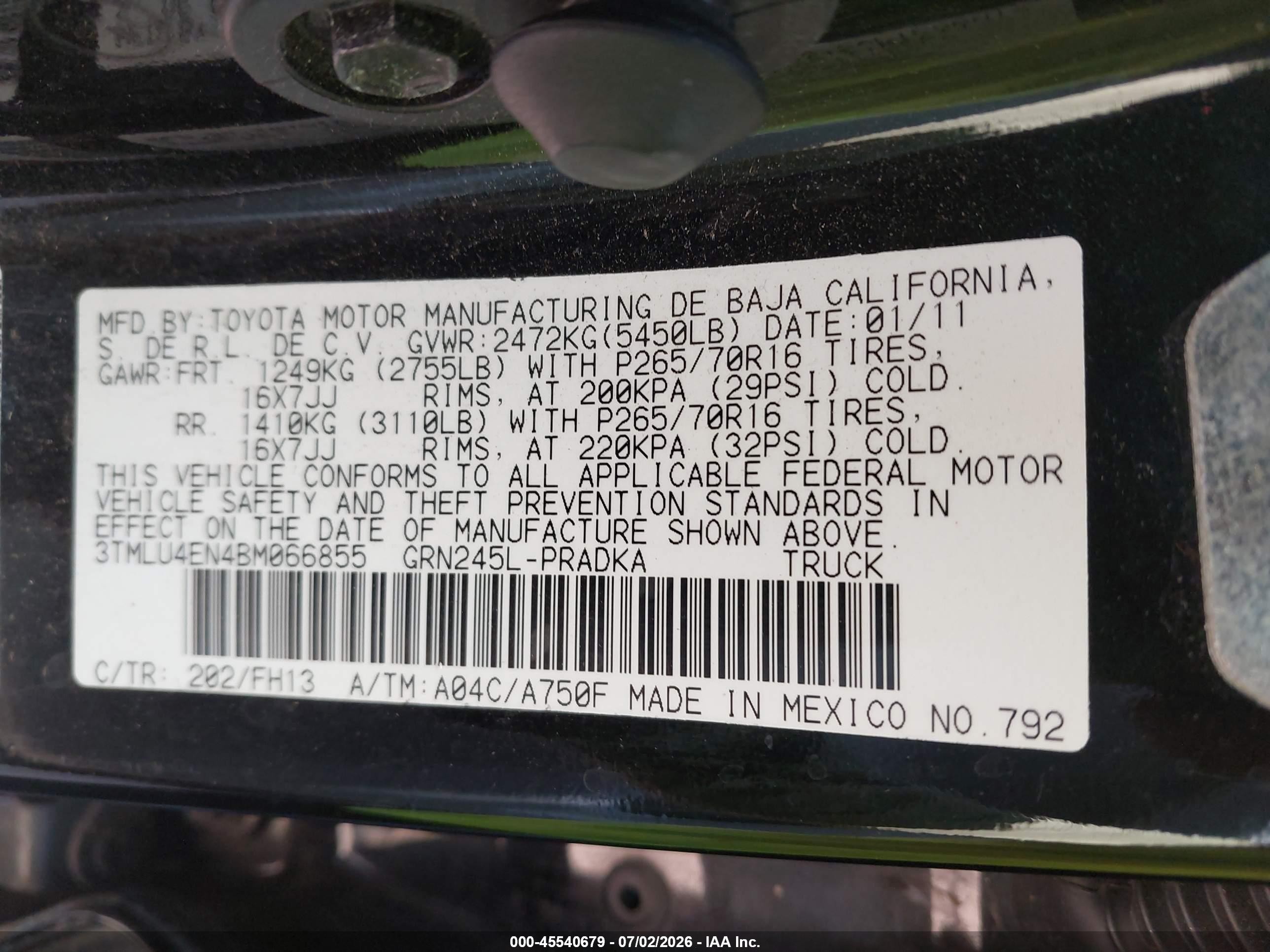 2011 Toyota Tacoma Base V6 Black vin: 3TMLU4EN4BM066855