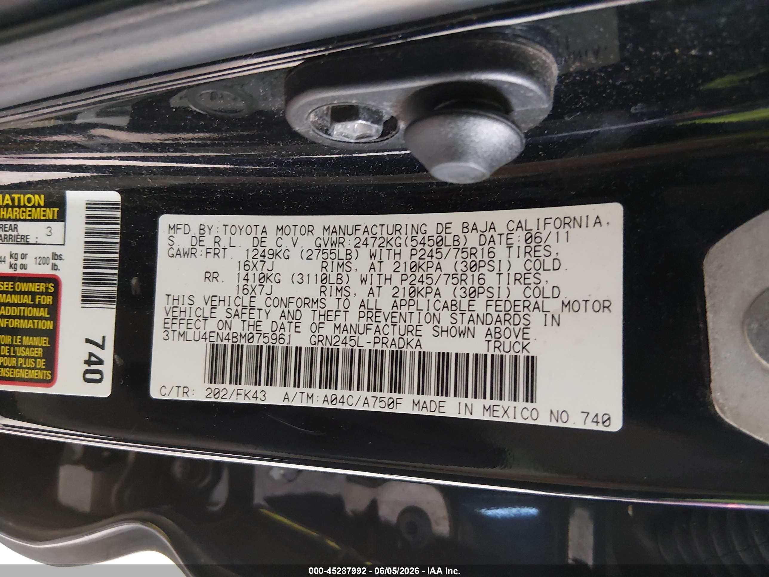 2011 Toyota Tacoma Base V6 Black vin: 3TMLU4EN4BM075961
