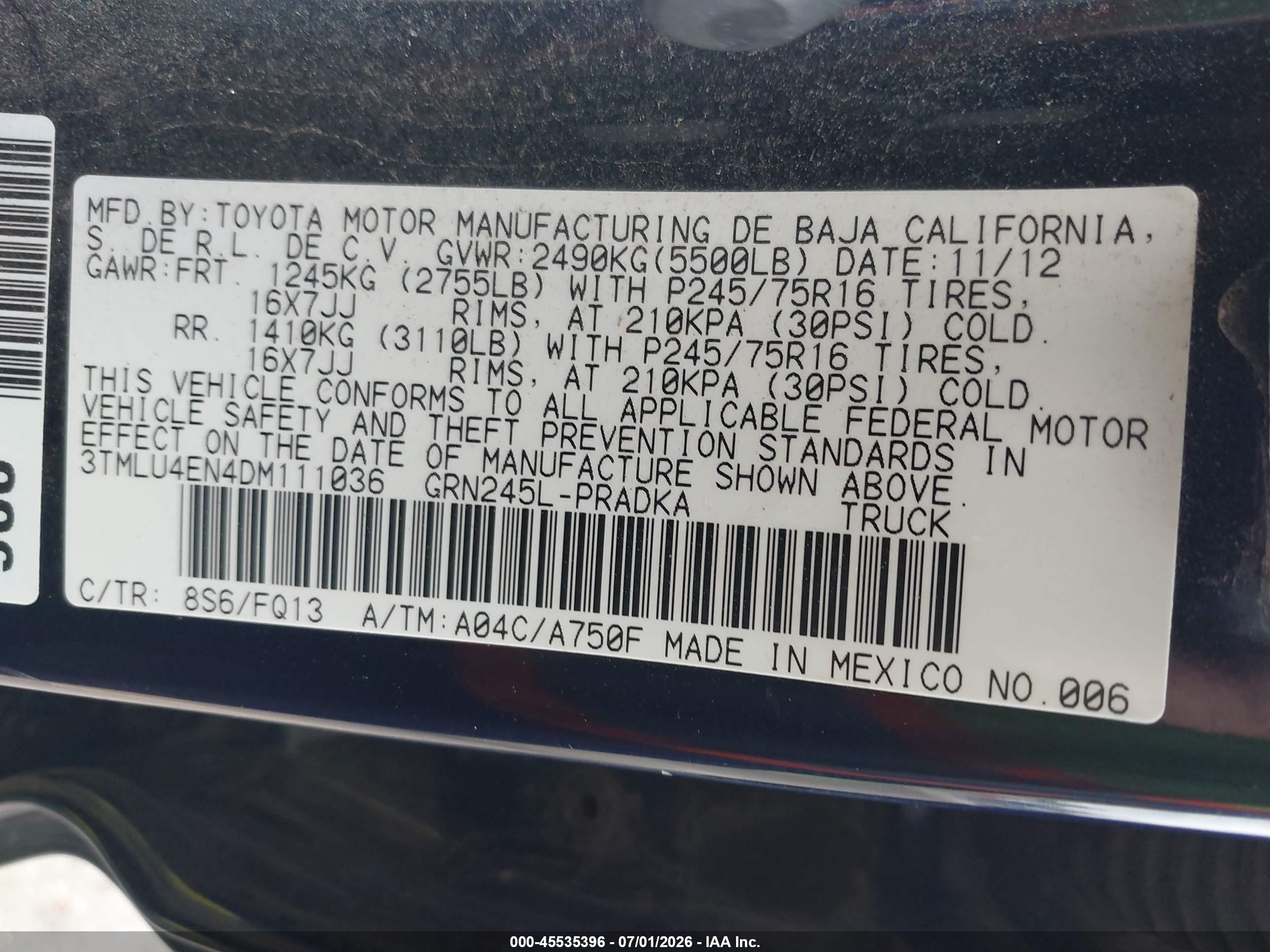 2013 Toyota Tacoma Base V6 Blue vin: 3TMLU4EN4DM111036