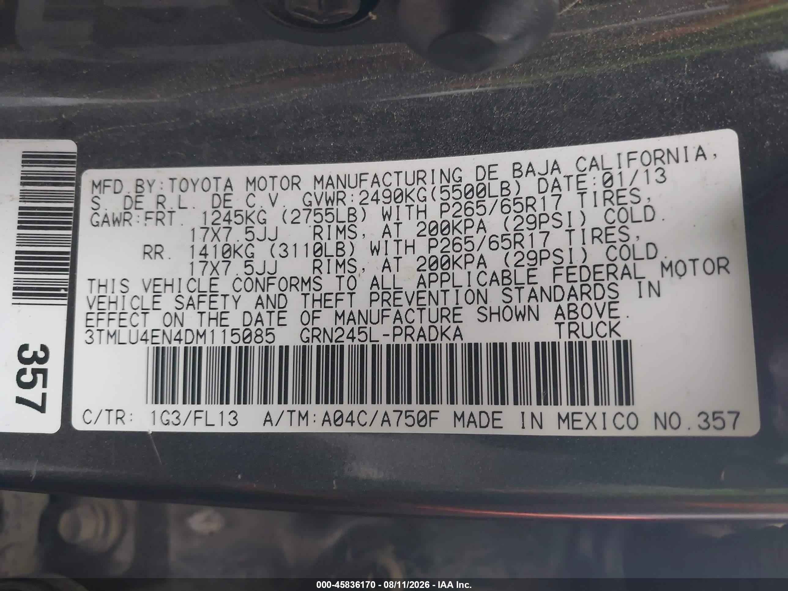 2013 Toyota Tacoma Base V6 Gray vin: 3TMLU4EN4DM115085