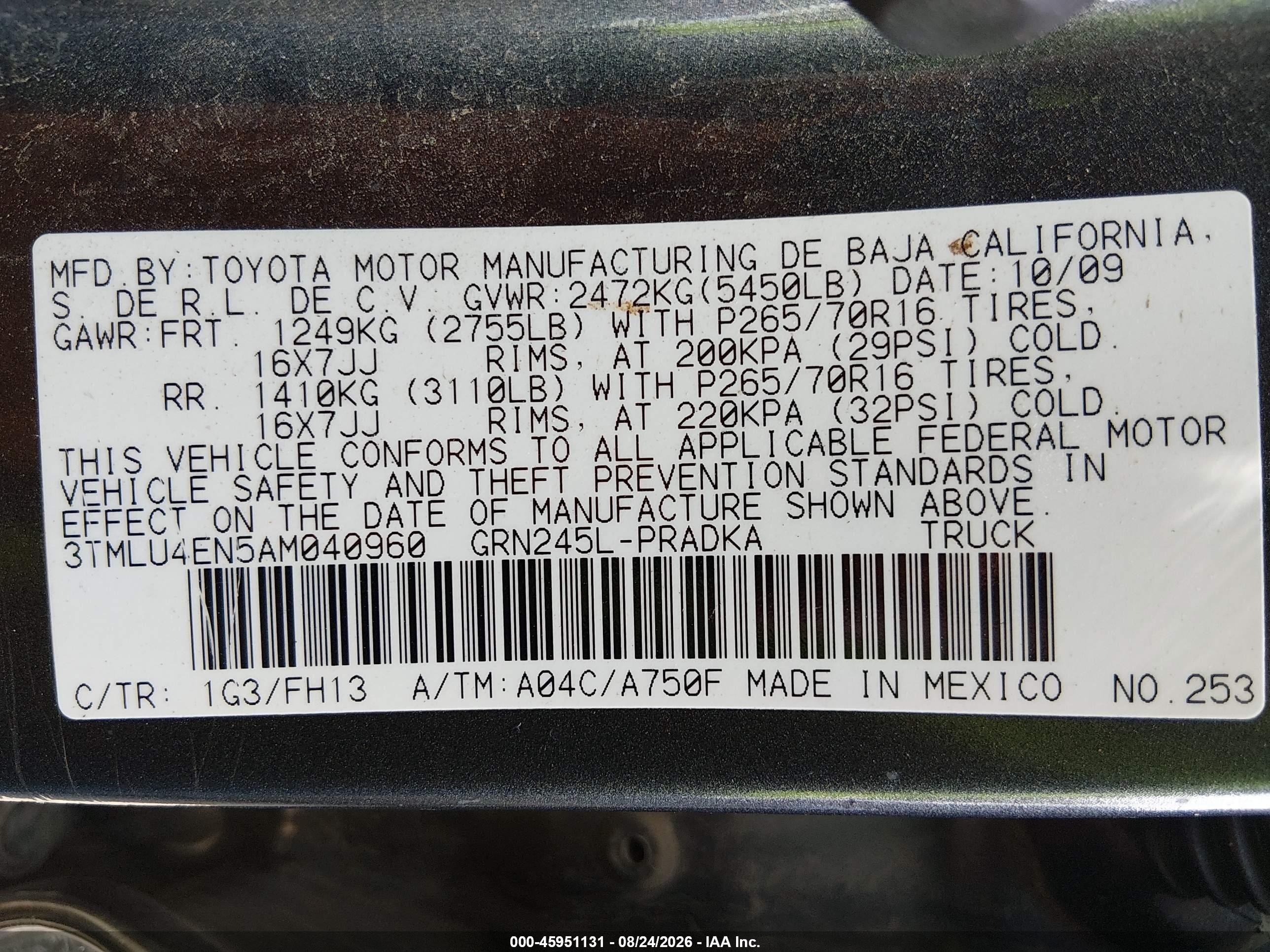 2010 Toyota Tacoma Base V6 Gray vin: 3TMLU4EN5AM040960