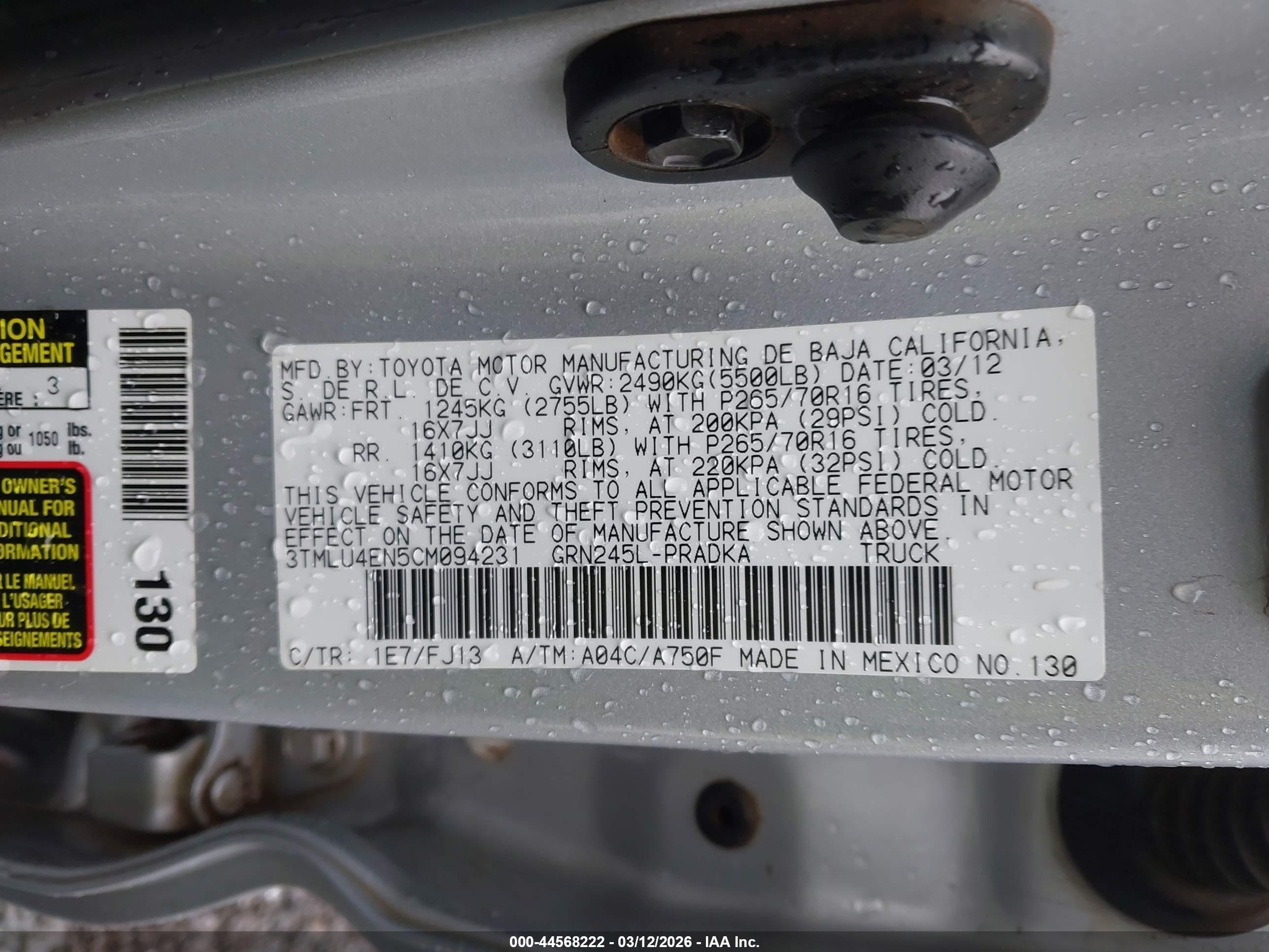 2012 Toyota Tacoma Base V6 Gray vin: 3TMLU4EN5CM094231