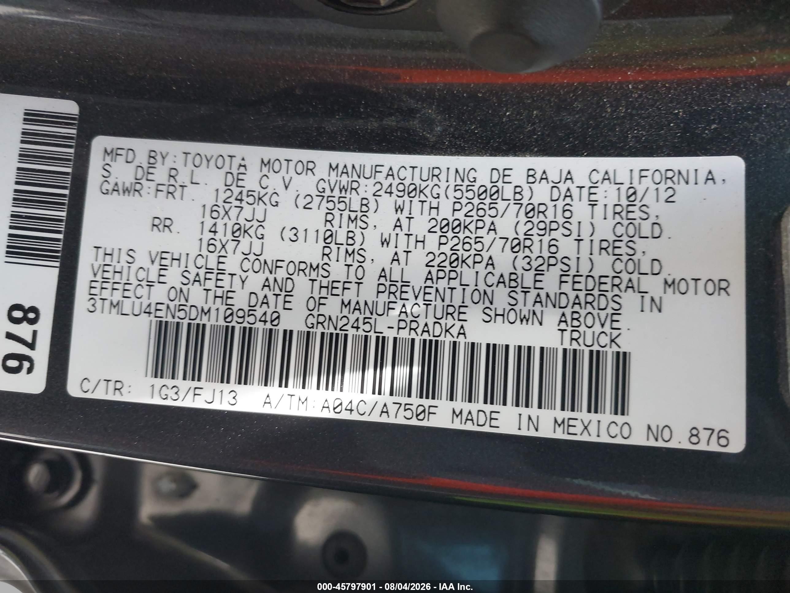 2013 Toyota Tacoma Base V6 Gray vin: 3TMLU4EN5DM109540
