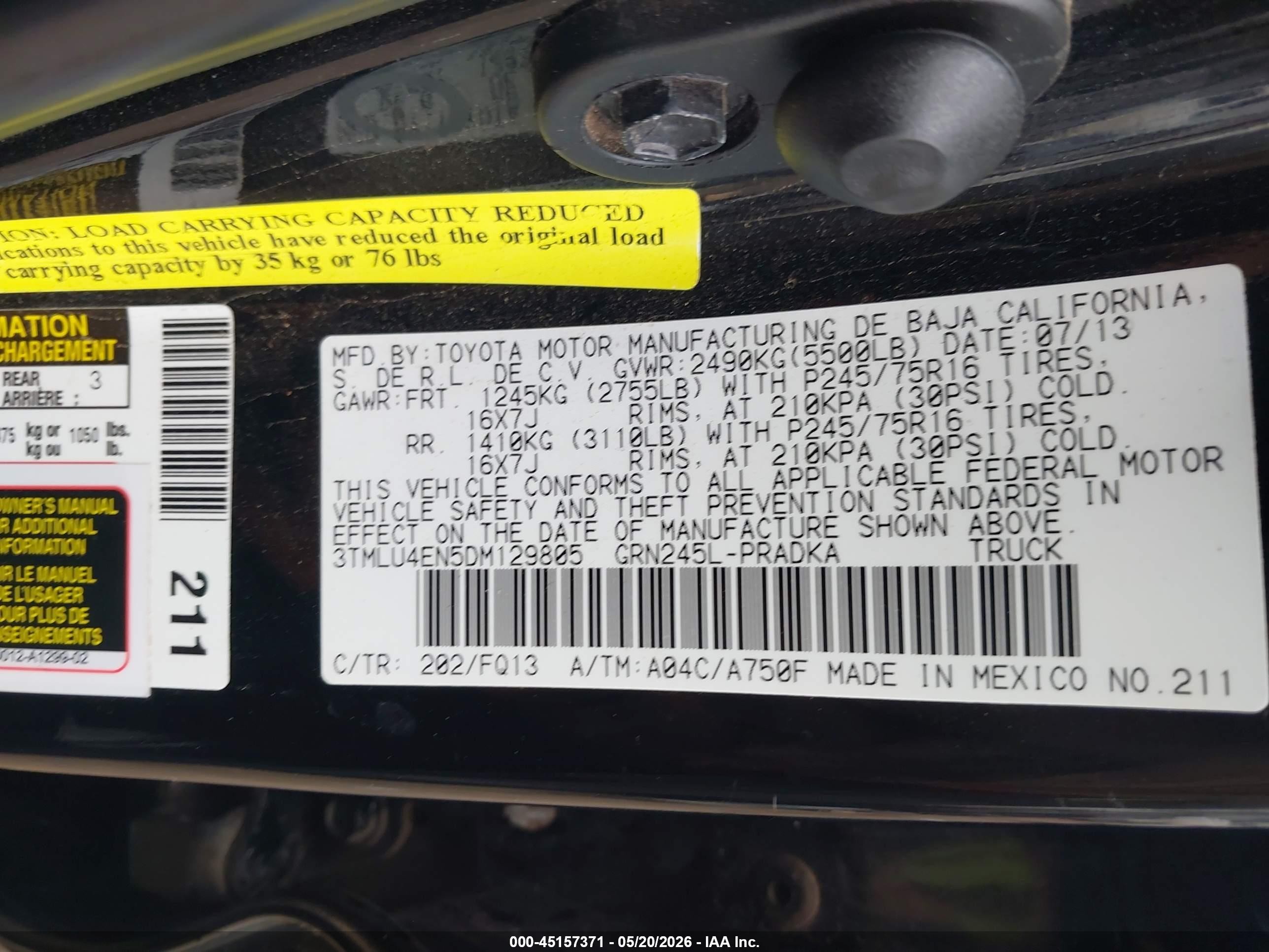2013 Toyota Tacoma Base V6 Black vin: 3TMLU4EN5DM129805