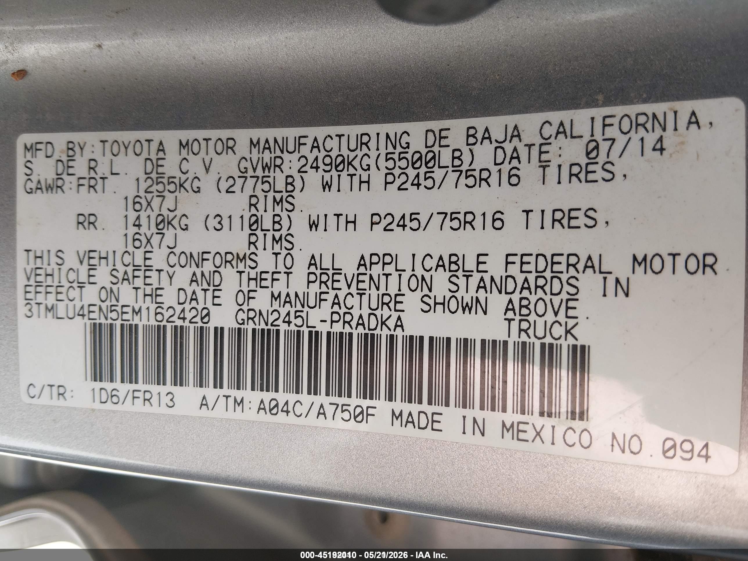 2014 Toyota Tacoma Base V6 Silver vin: 3TMLU4EN5EM162420