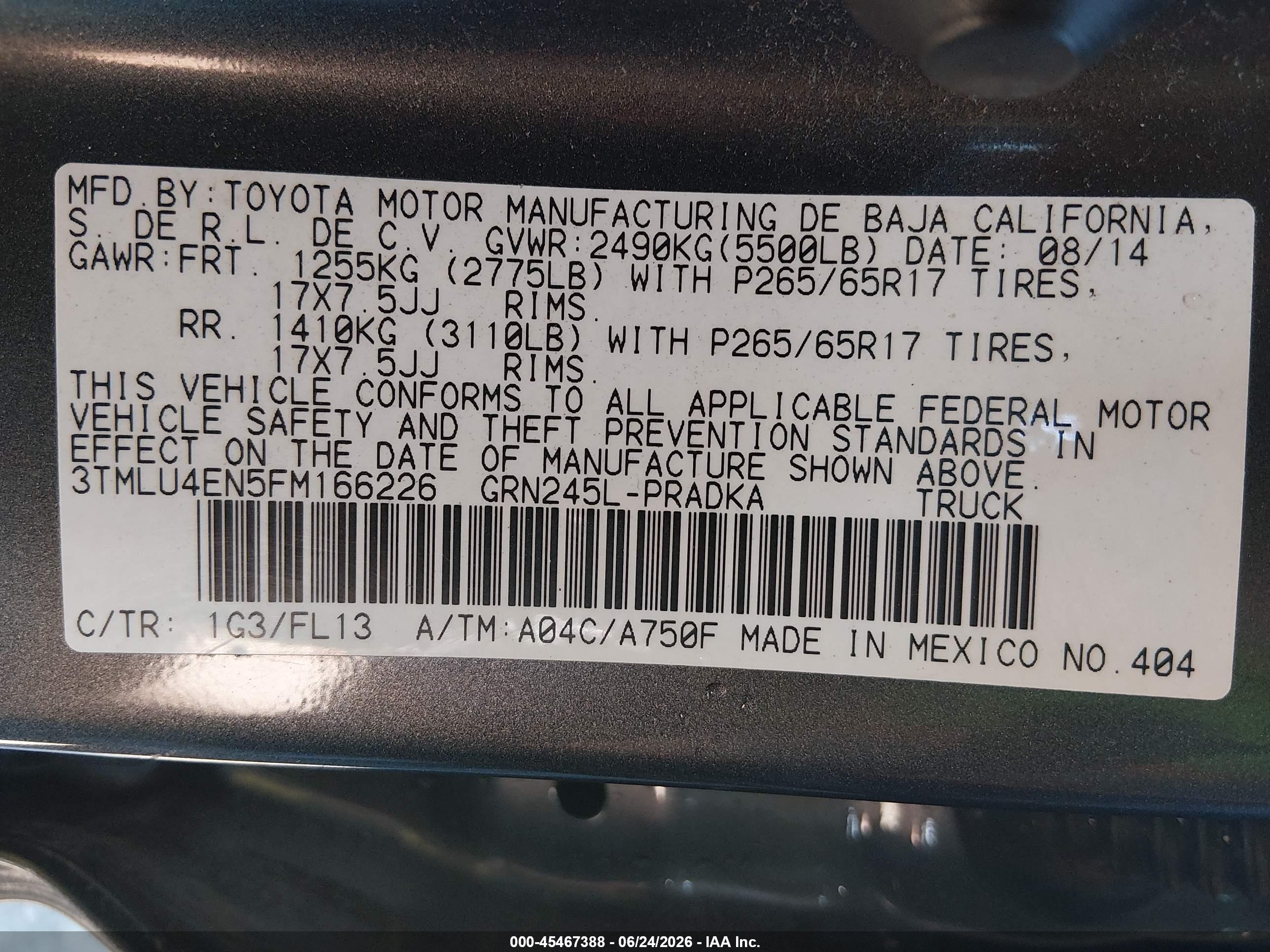 2015 Toyota Tacoma Base V6 Gray vin: 3TMLU4EN5FM166226
