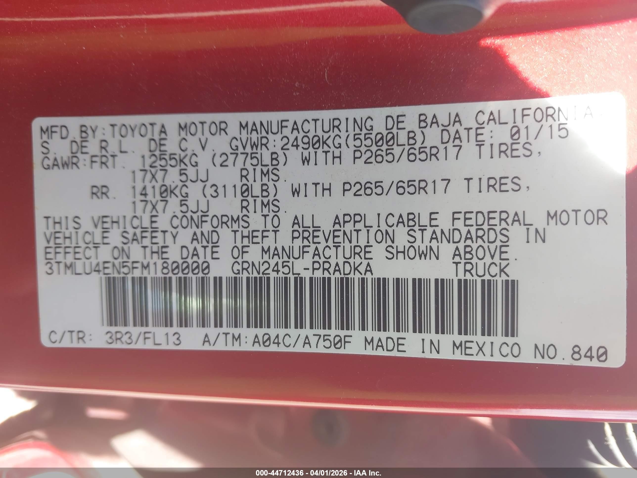 2015 Toyota Tacoma Base V6 Red vin: 3TMLU4EN5FM180000