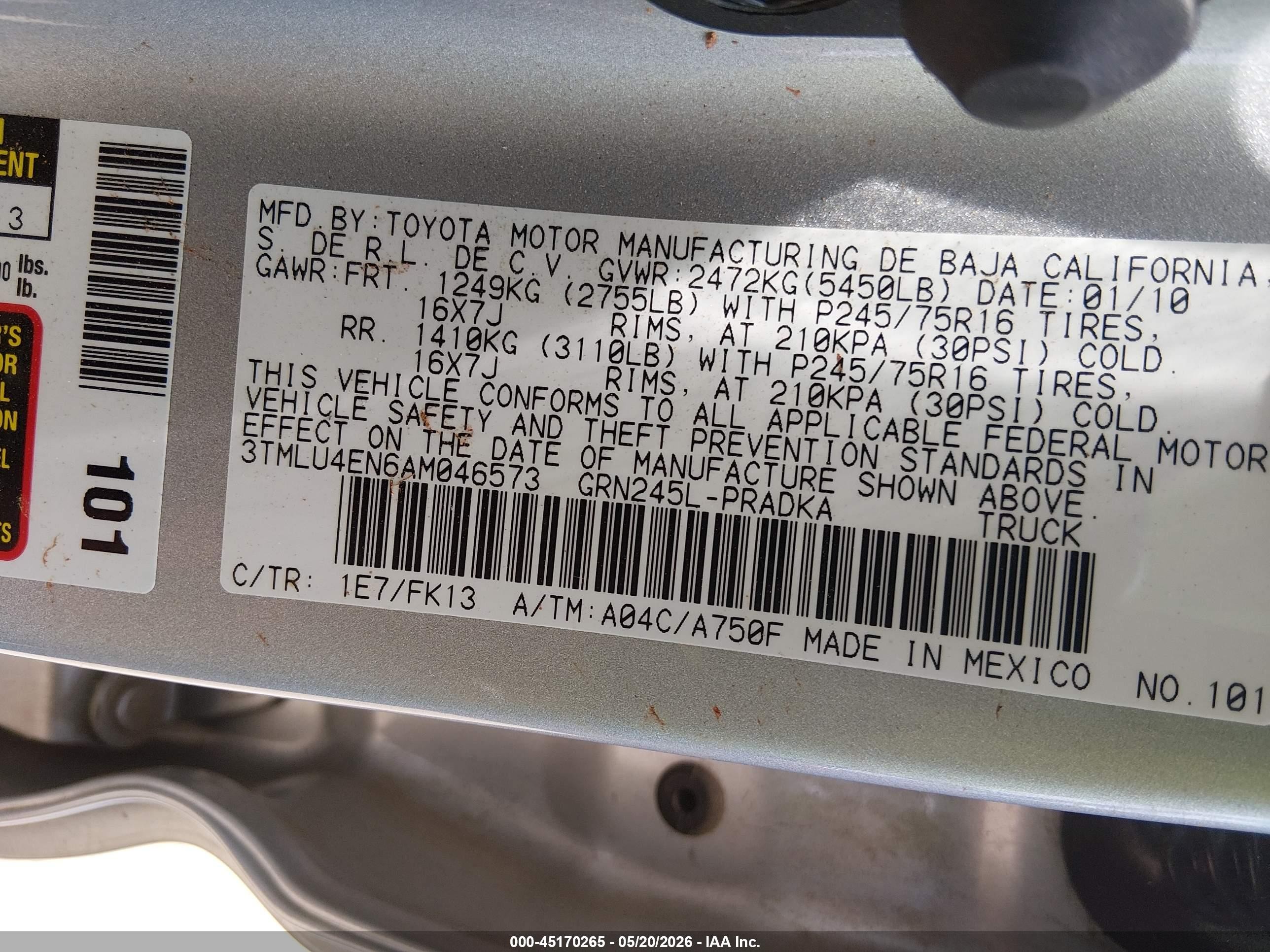 2010 Toyota Tacoma Base V6 Silver vin: 3TMLU4EN6AM046573