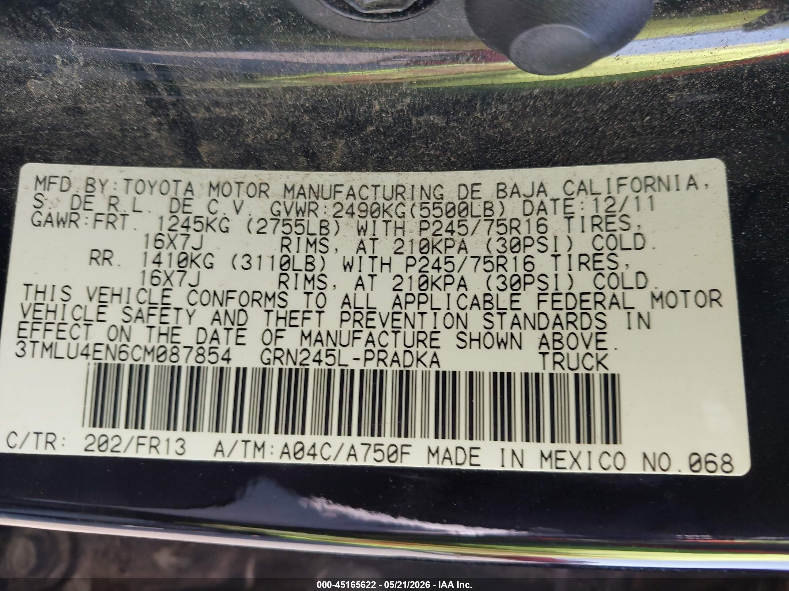 2012 Toyota Tacoma Base V6 Black vin: 3TMLU4EN6CM087854