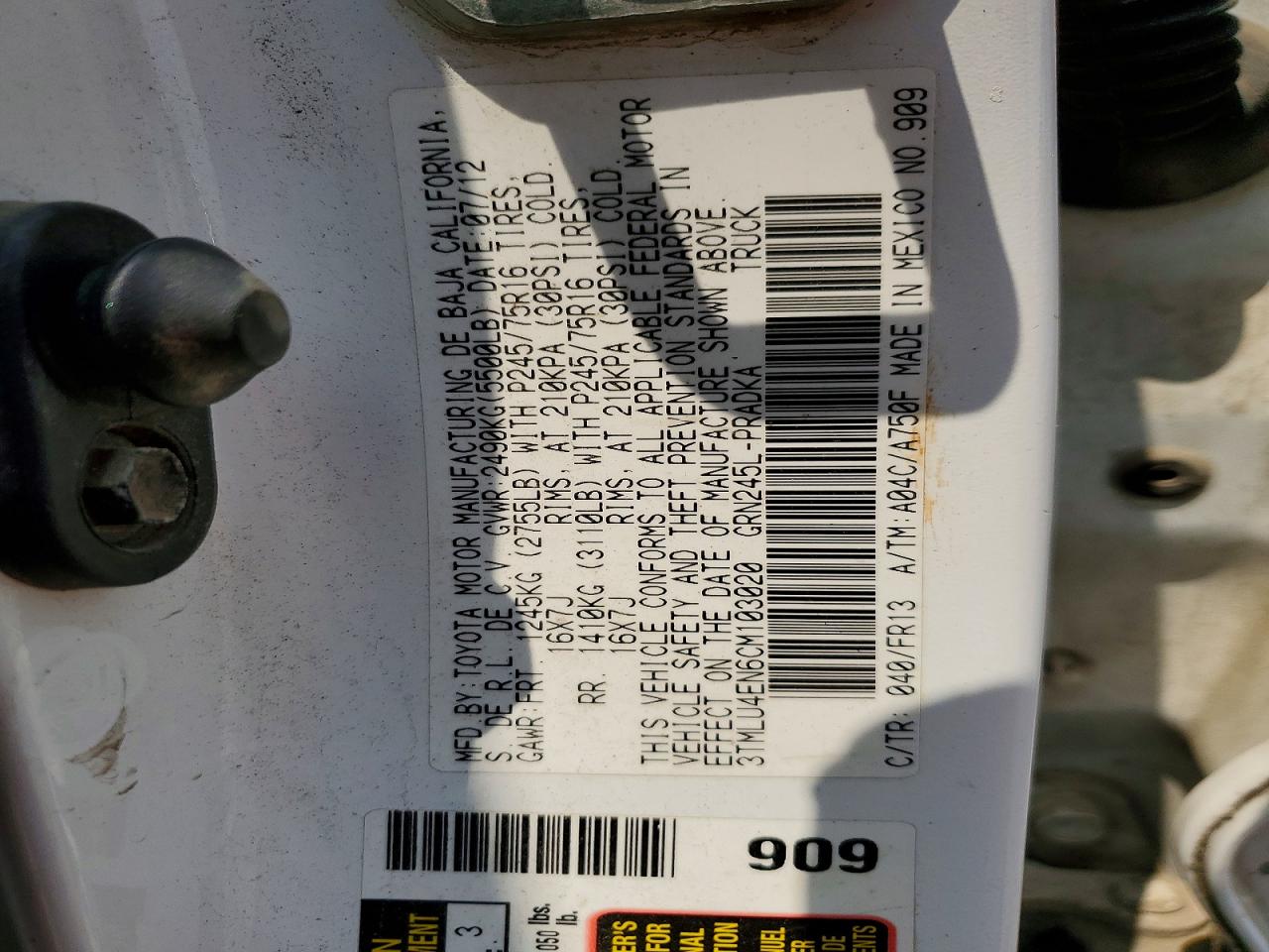 2012 Toyota Tacoma V6 White vin: 3TMLU4EN6CM103020