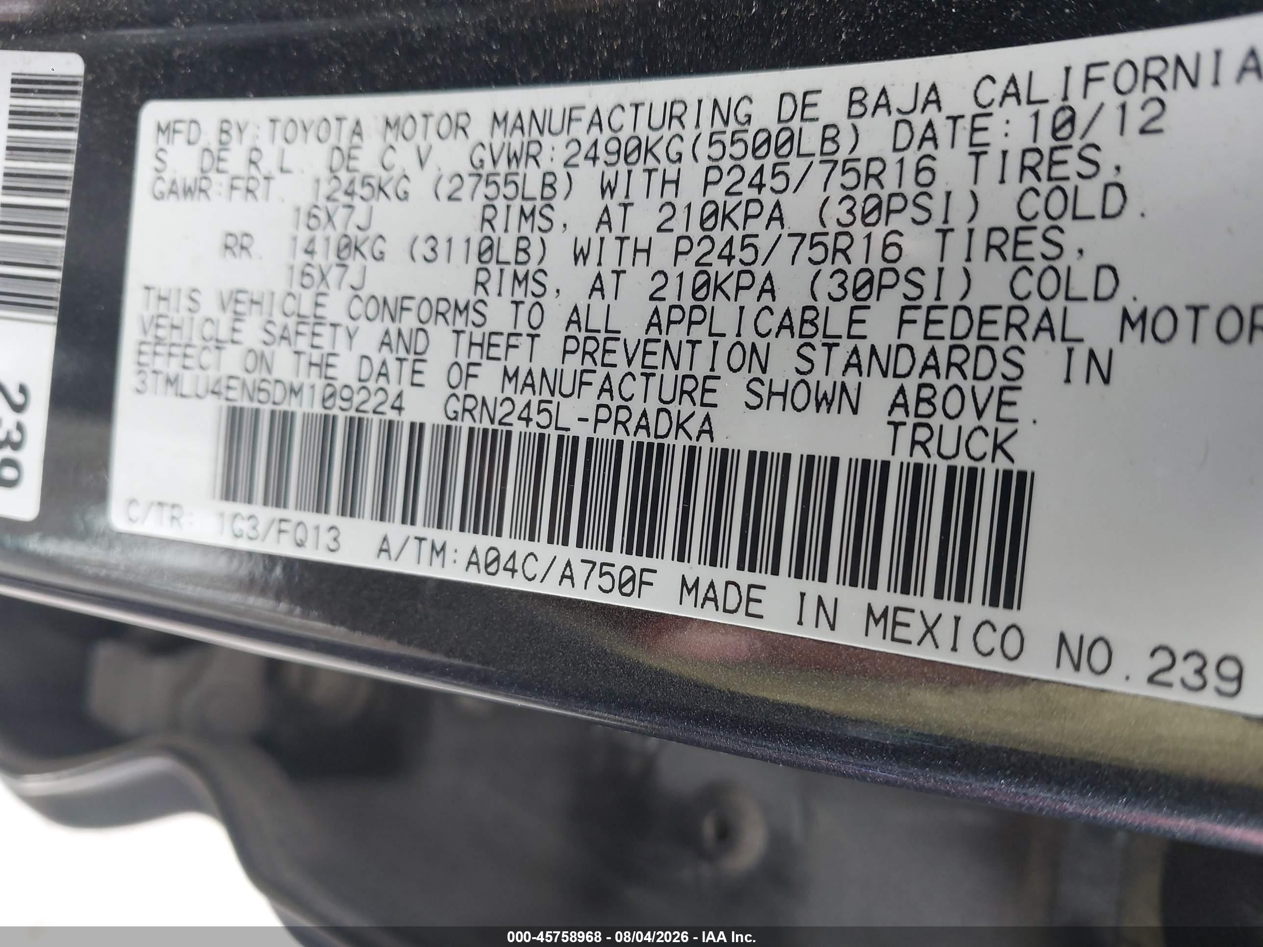 2013 Toyota Tacoma Base V6 Gray vin: 3TMLU4EN6DM109224