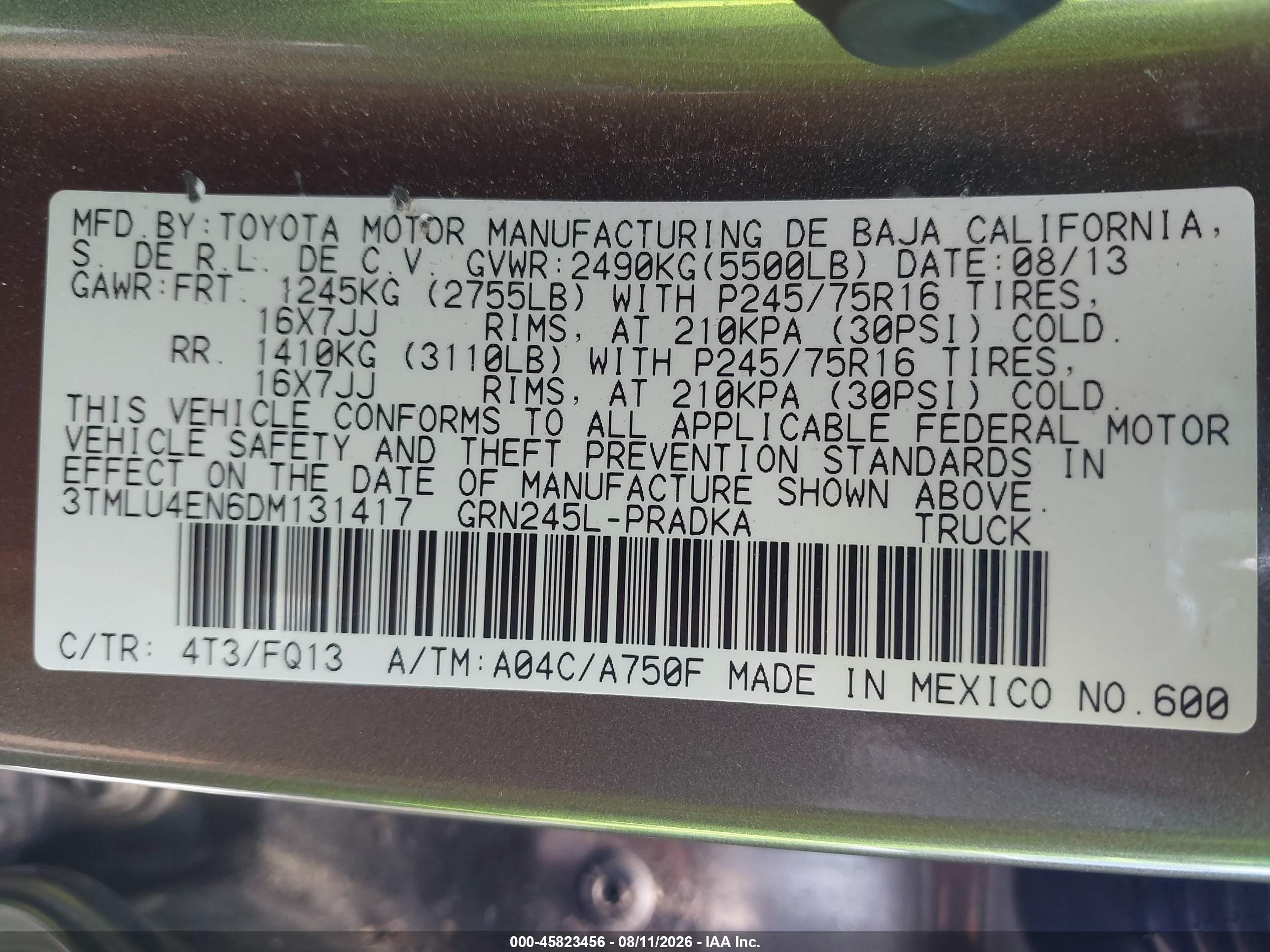2013 Toyota Tacoma Base V6 Gold vin: 3TMLU4EN6DM131417