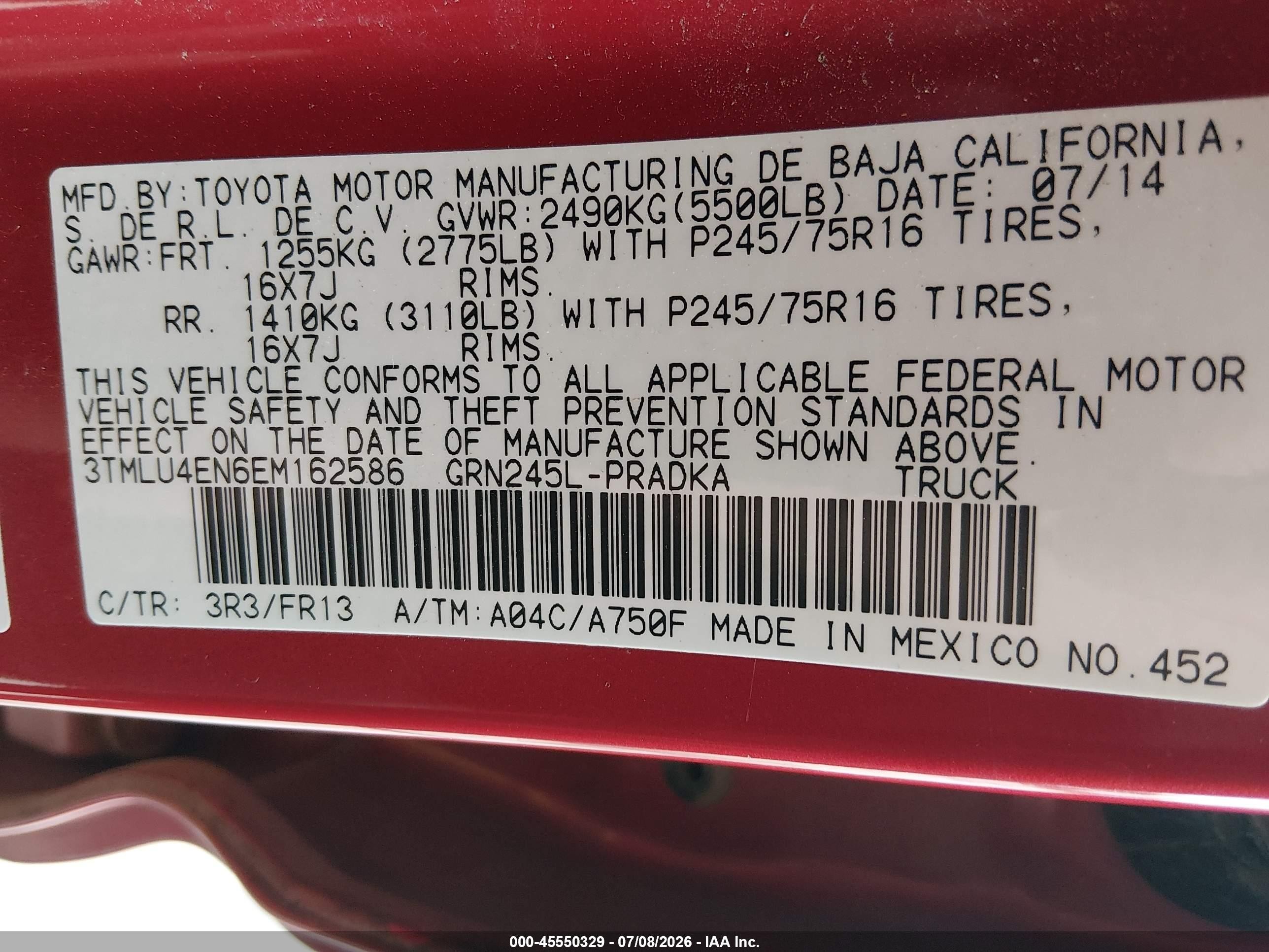 2014 Toyota Tacoma Base V6 Red vin: 3TMLU4EN6EM162586