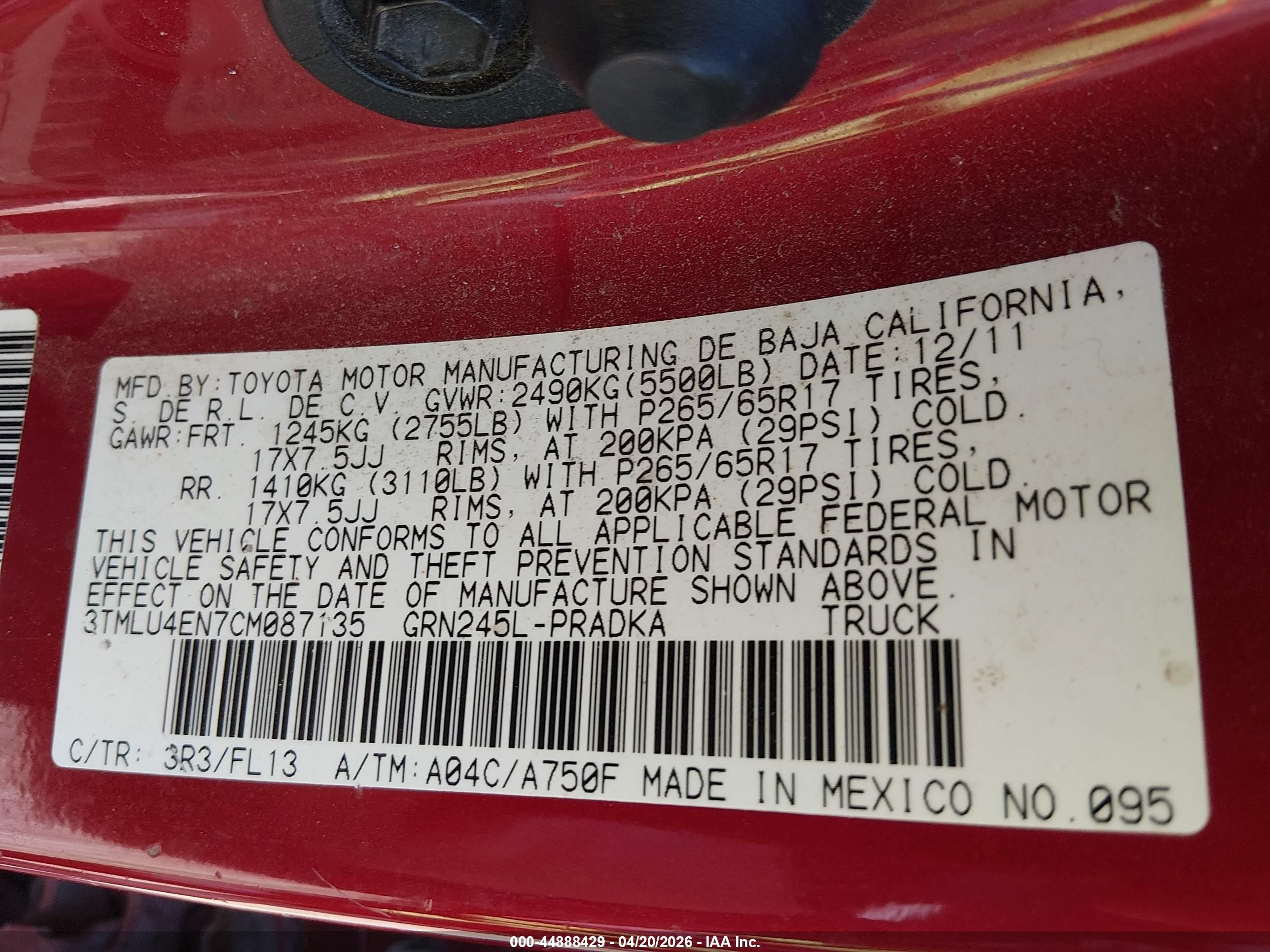 2012 Toyota Tacoma Base V6 Burgundy vin: 3TMLU4EN7CM087135