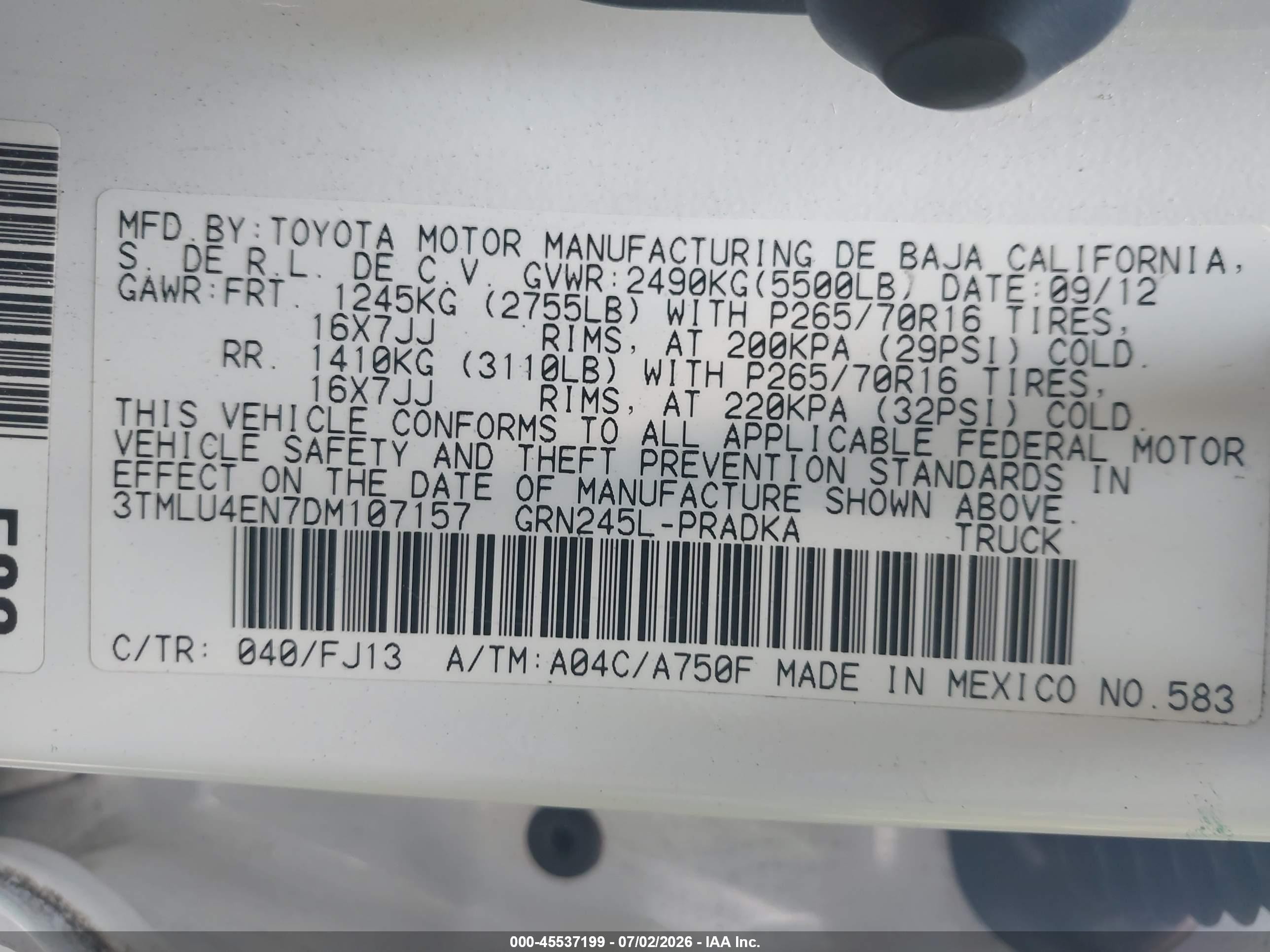 2013 Toyota Tacoma Base V6 White vin: 3TMLU4EN7DM107157