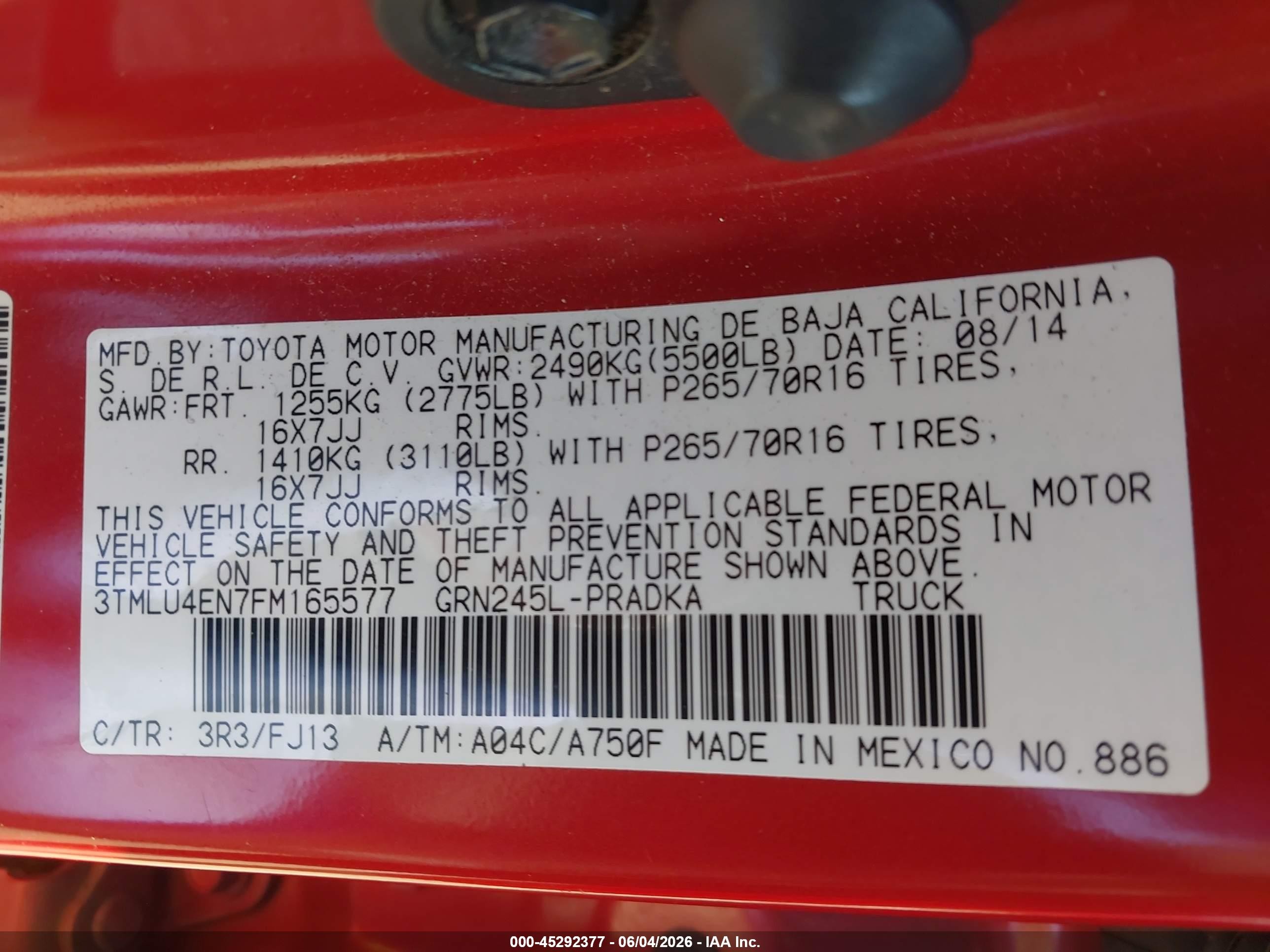 2015 Toyota Tacoma Base V6 Red vin: 3TMLU4EN7FM165577