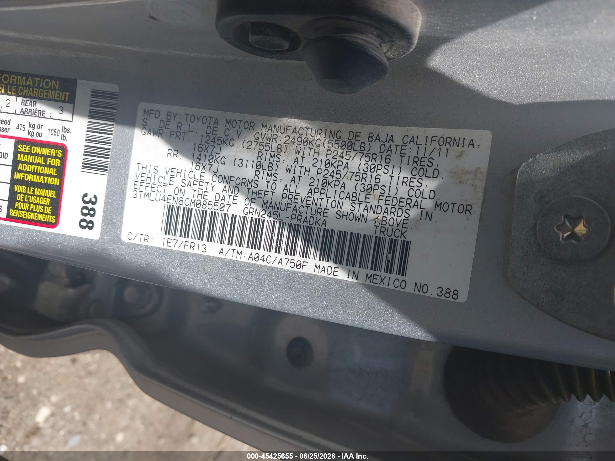 2012 Toyota Tacoma Base V6 Silver vin: 3TMLU4EN8CM085507