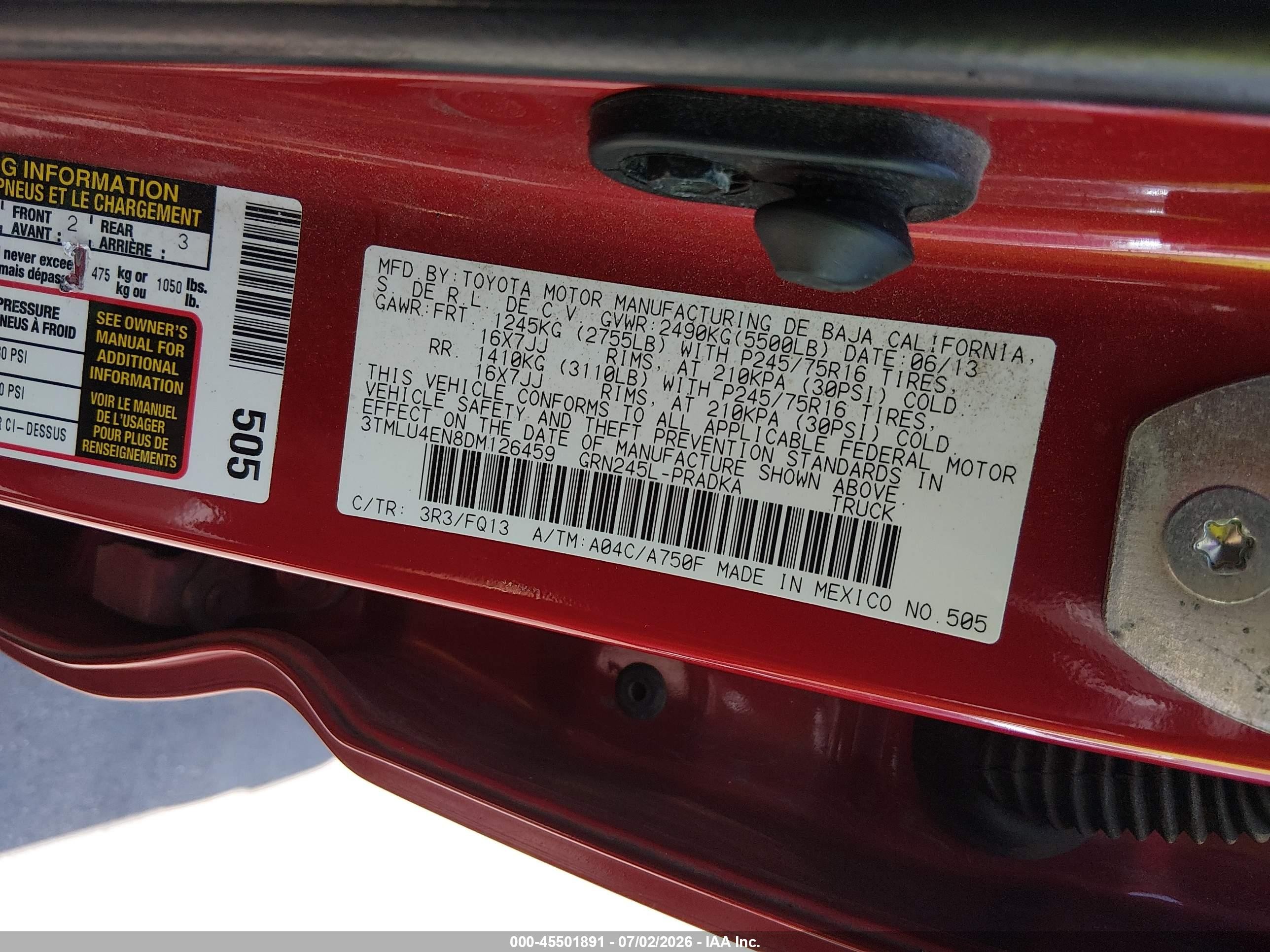 2013 Toyota Tacoma Base V6 Red vin: 3TMLU4EN8DM126459