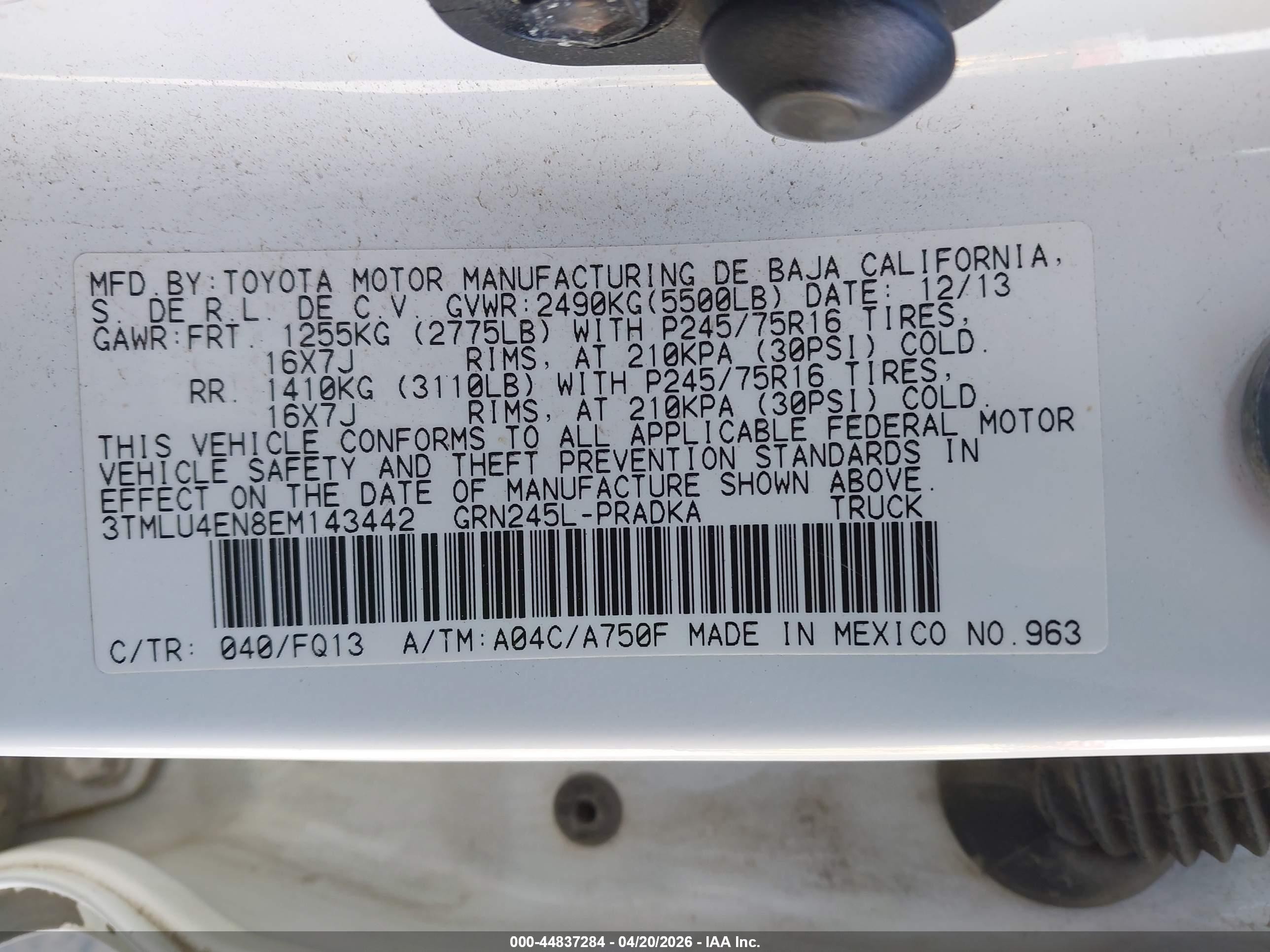 2014 Toyota Tacoma Base V6 White vin: 3TMLU4EN8EM143442