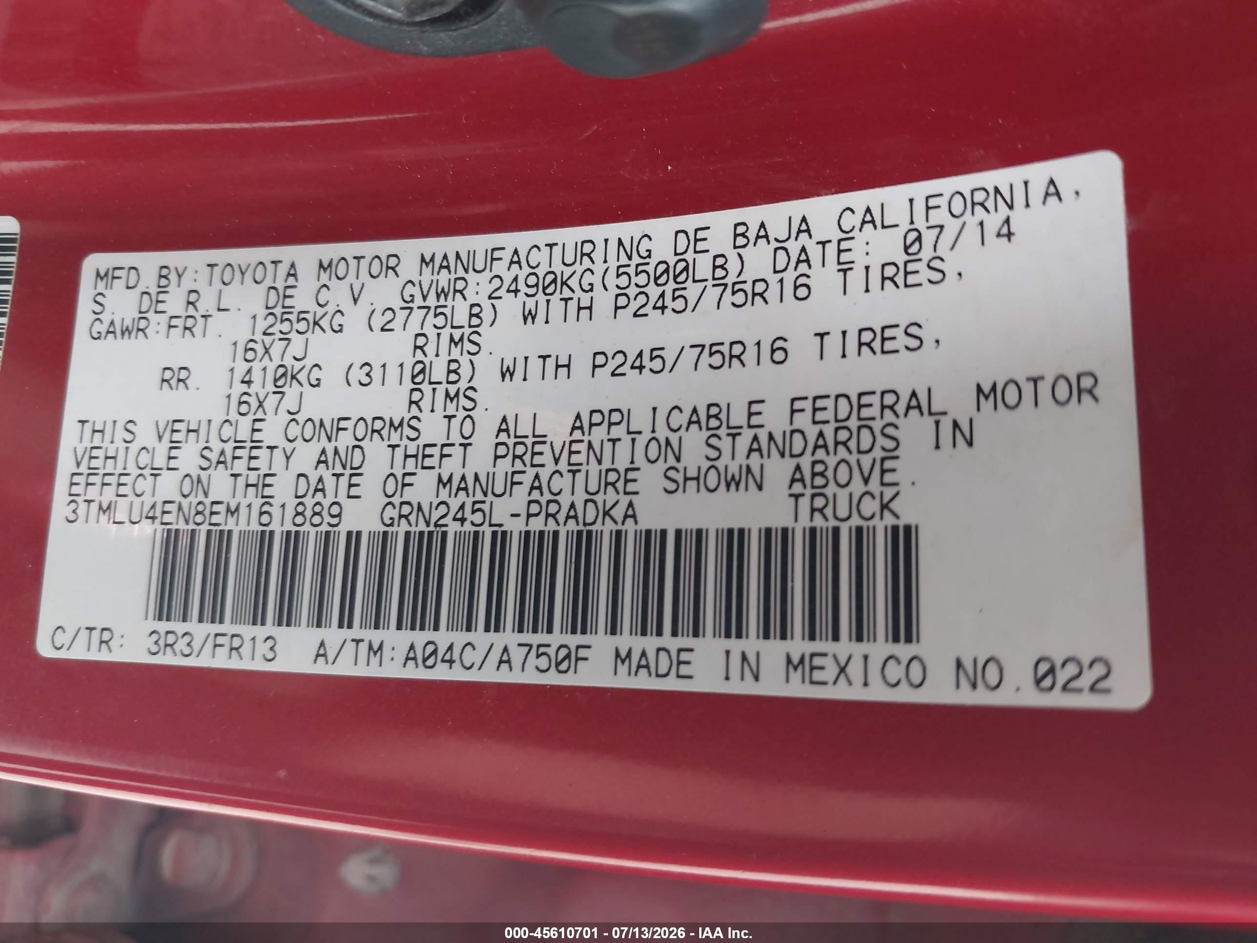 2014 Toyota Tacoma Base V6 Red vin: 3TMLU4EN8EM161889