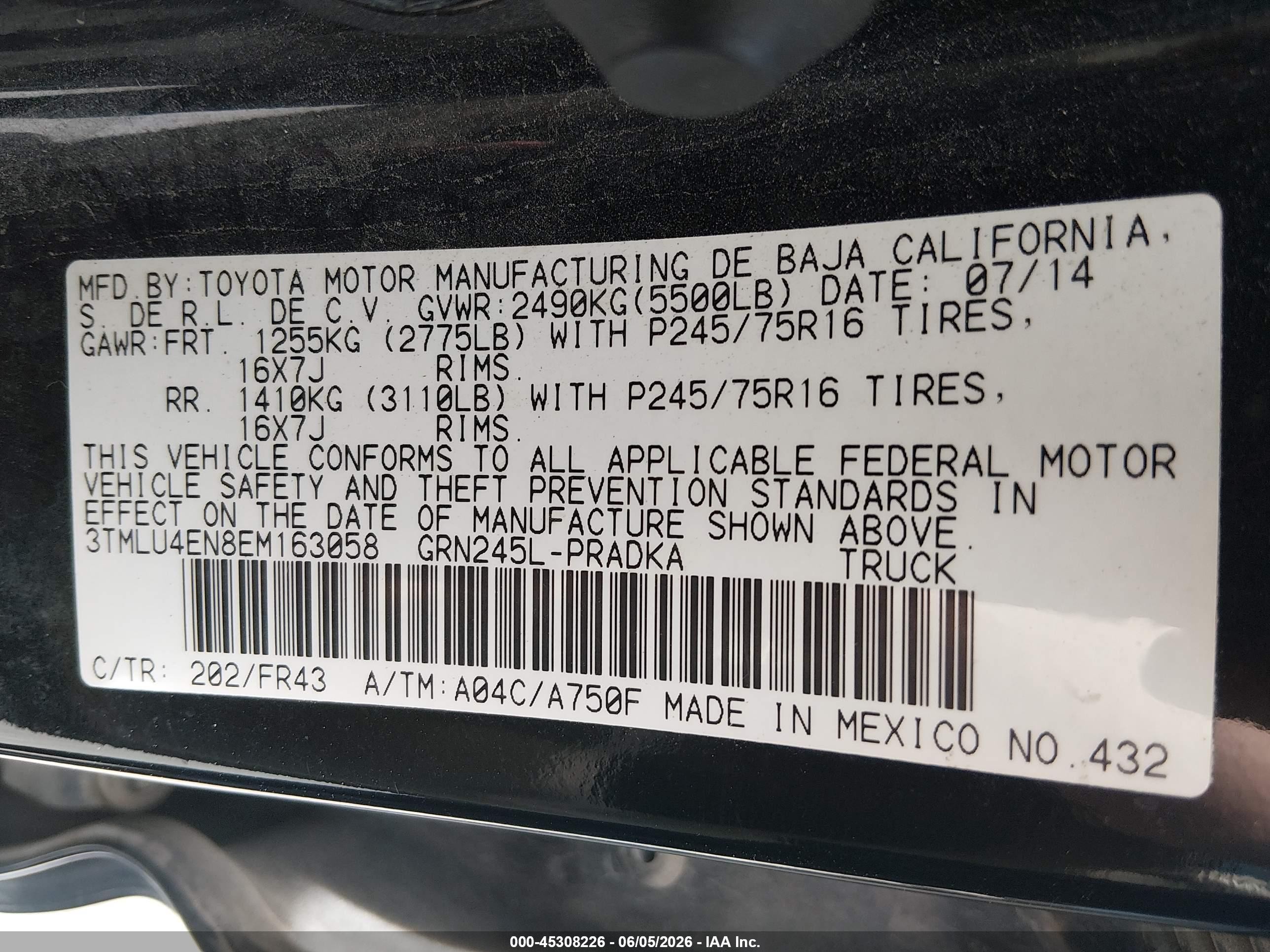 2014 Toyota Tacoma Base V6 Black vin: 3TMLU4EN8EM163058