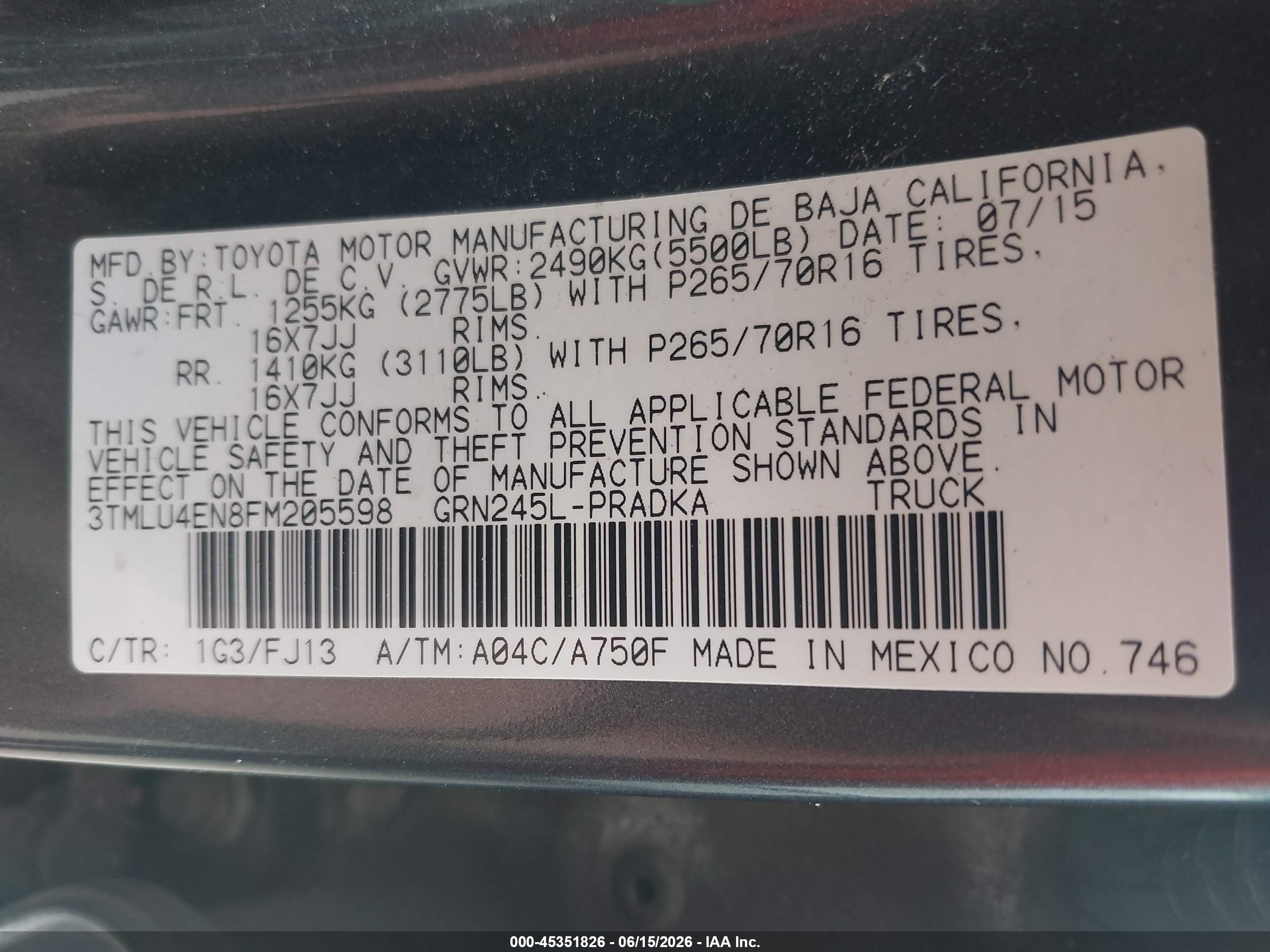 2015 Toyota Tacoma Base V6 Gray vin: 3TMLU4EN8FM205598