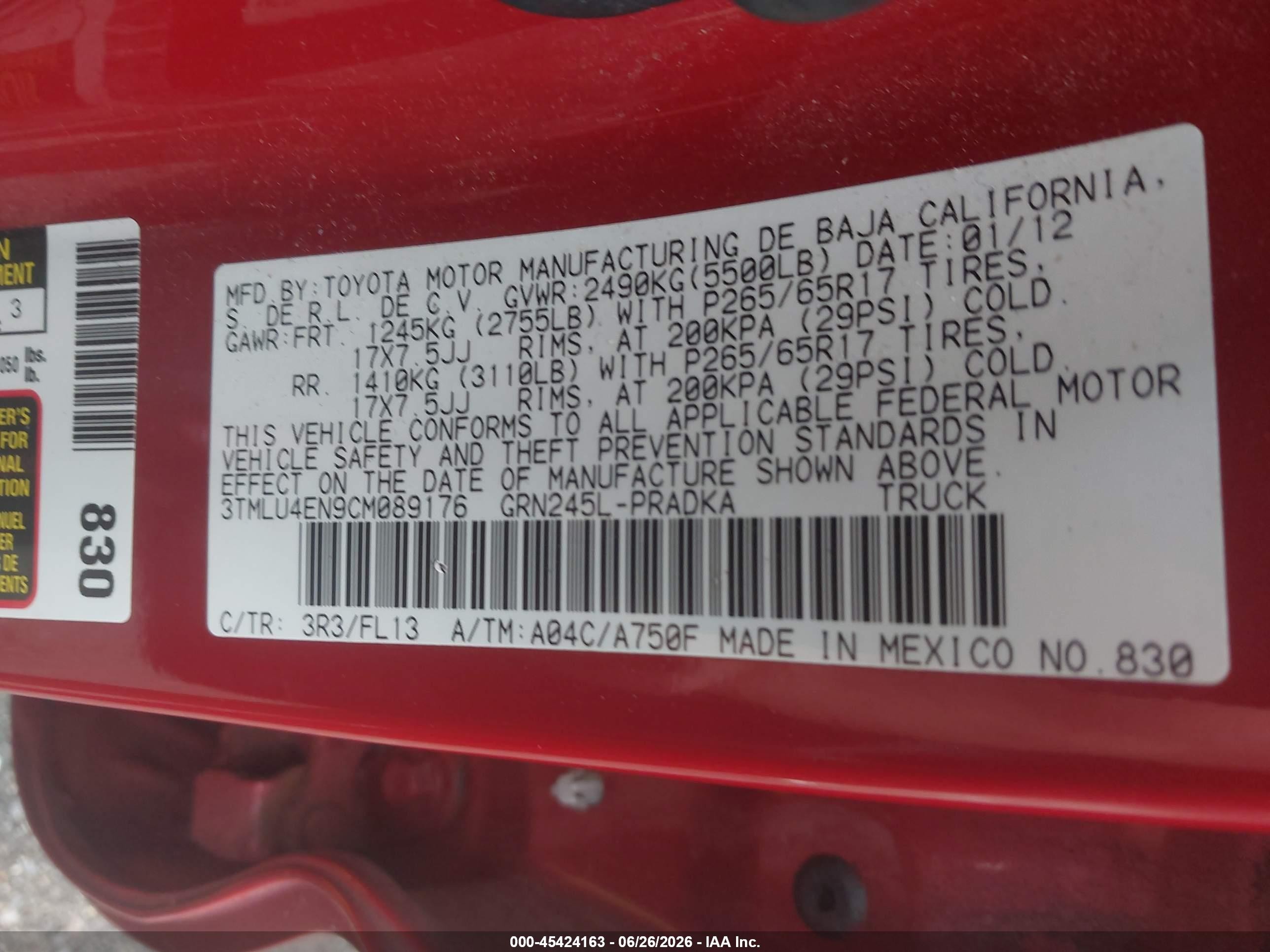 2012 Toyota Tacoma Base V6 Red vin: 3TMLU4EN9CM089176