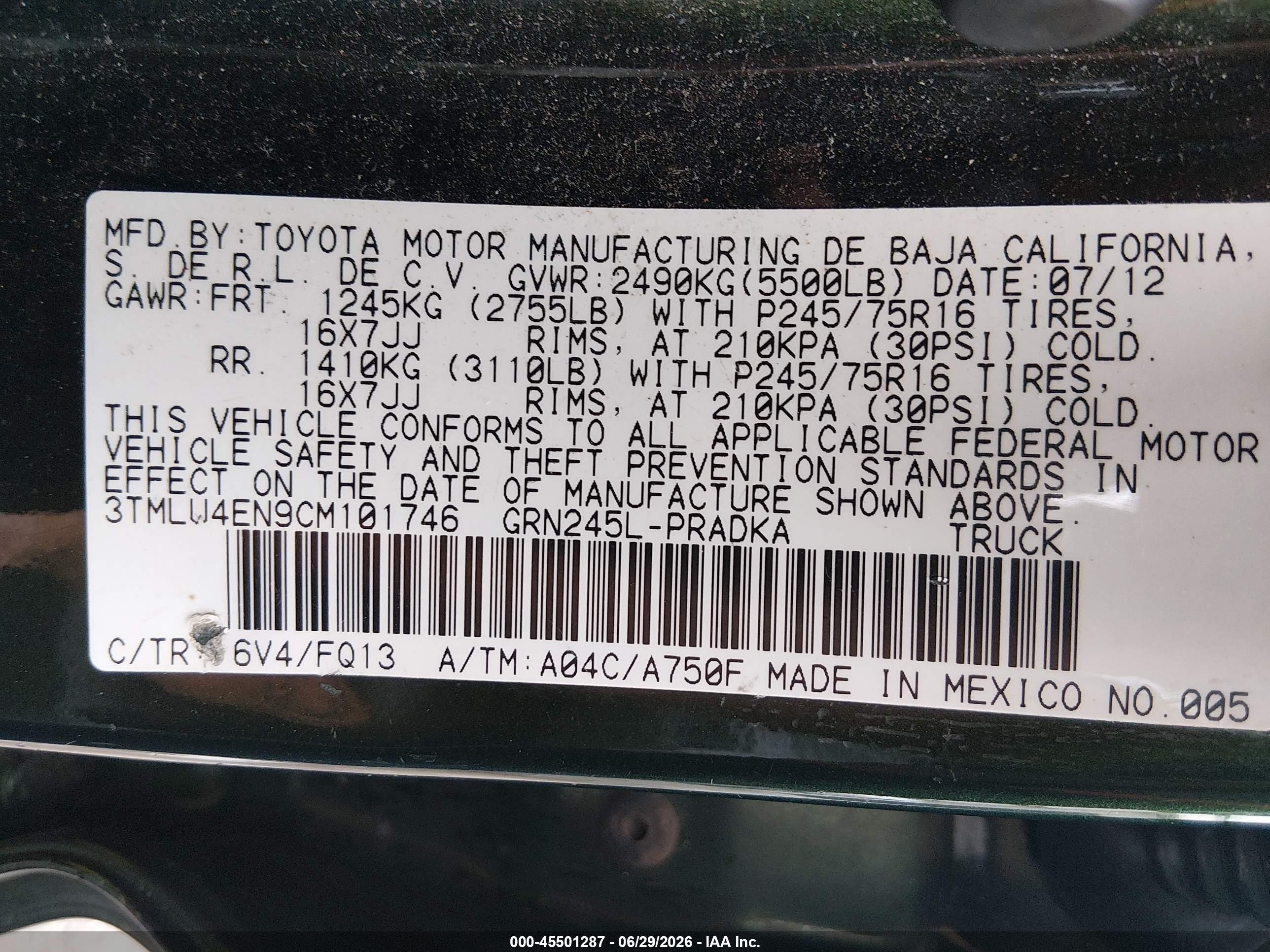 2012 Toyota Tacoma Base V6 Green vin: 3TMLU4EN9CM101746
