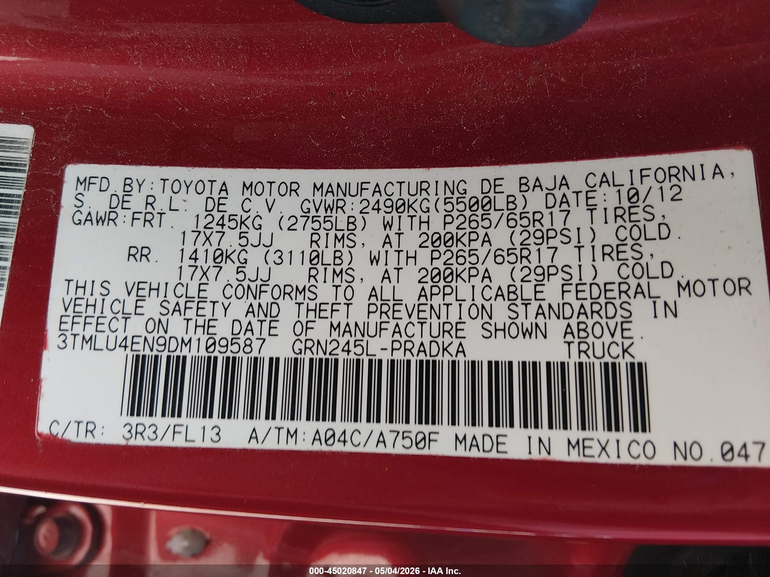 2013 Toyota Tacoma Base V6 Red vin: 3TMLU4EN9DM109587